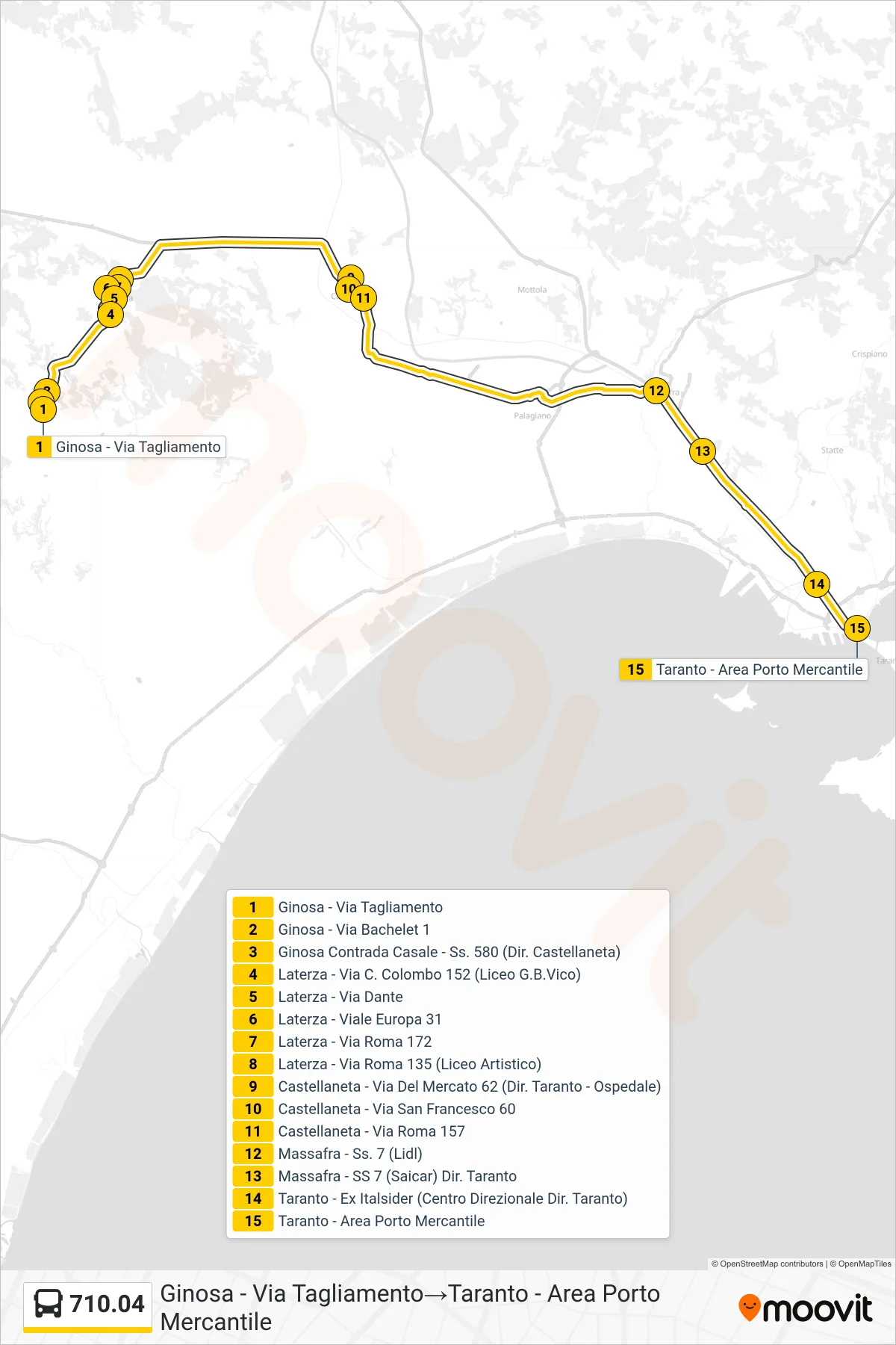 Linea 710.04  bus (Ginosa - Via Tagliamento‎→Taranto - Area Porto Mercantile) - Percorsi e fermate sulla mappa