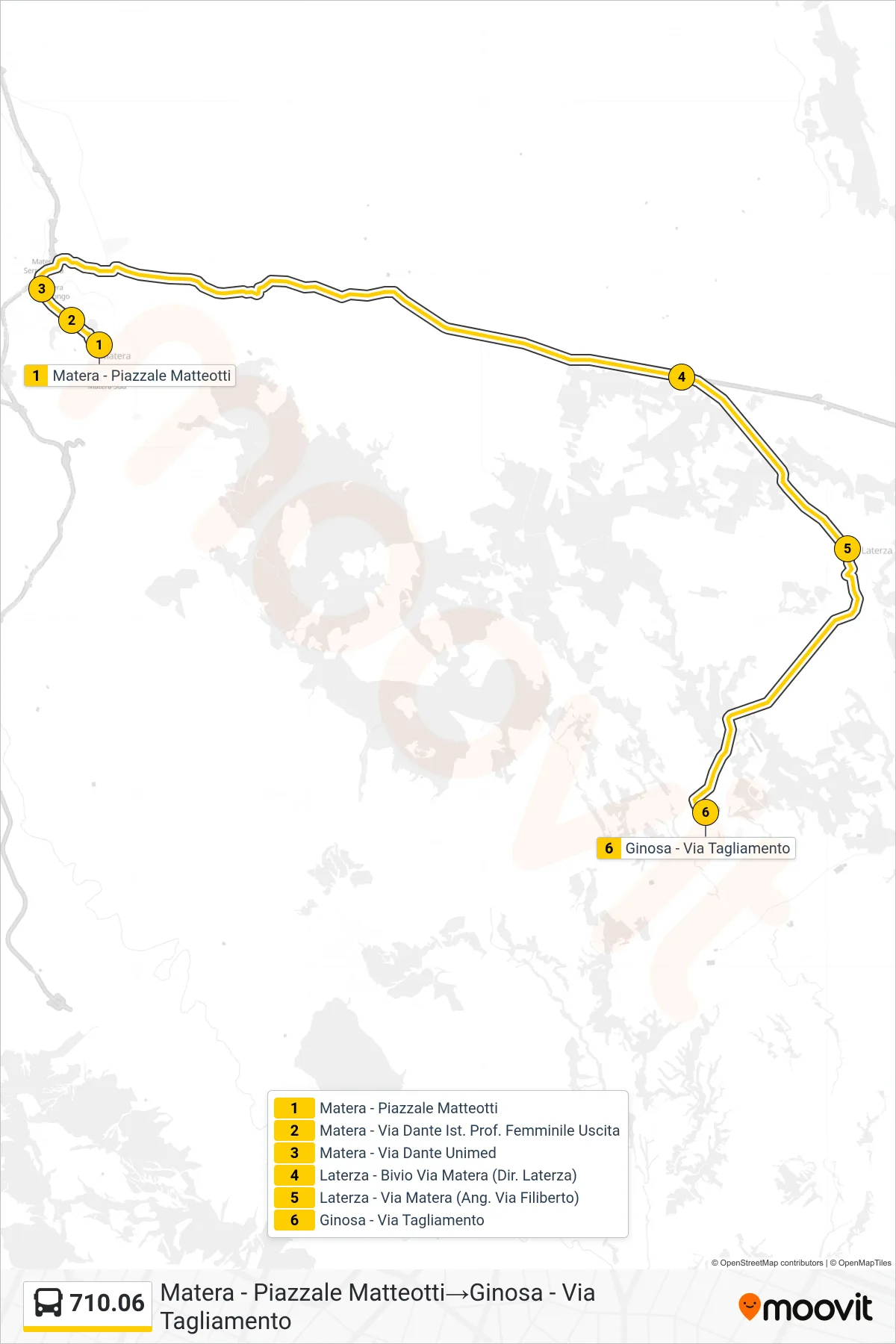 Linea 710.06 bus (Matera - Piazzale Matteotti→Ginosa - Via Tagliamento) - Percorsi e fermate sulla mappa