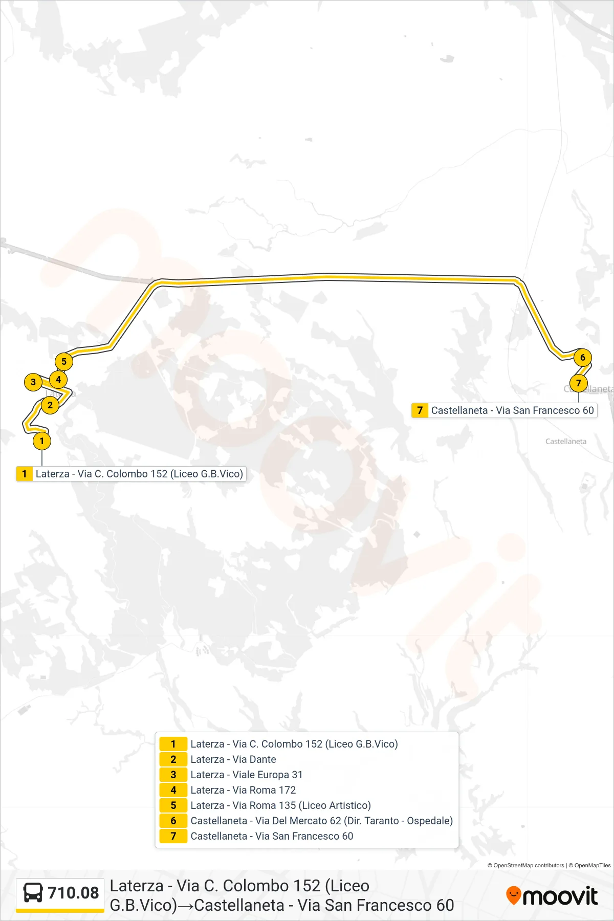 Linea 710.08  bus (Laterza - Via C. Colombo 152 (Liceo G.B.Vico)‎→Castellaneta - Via San Francesco 60) - Percorsi e fermate sulla mappa
