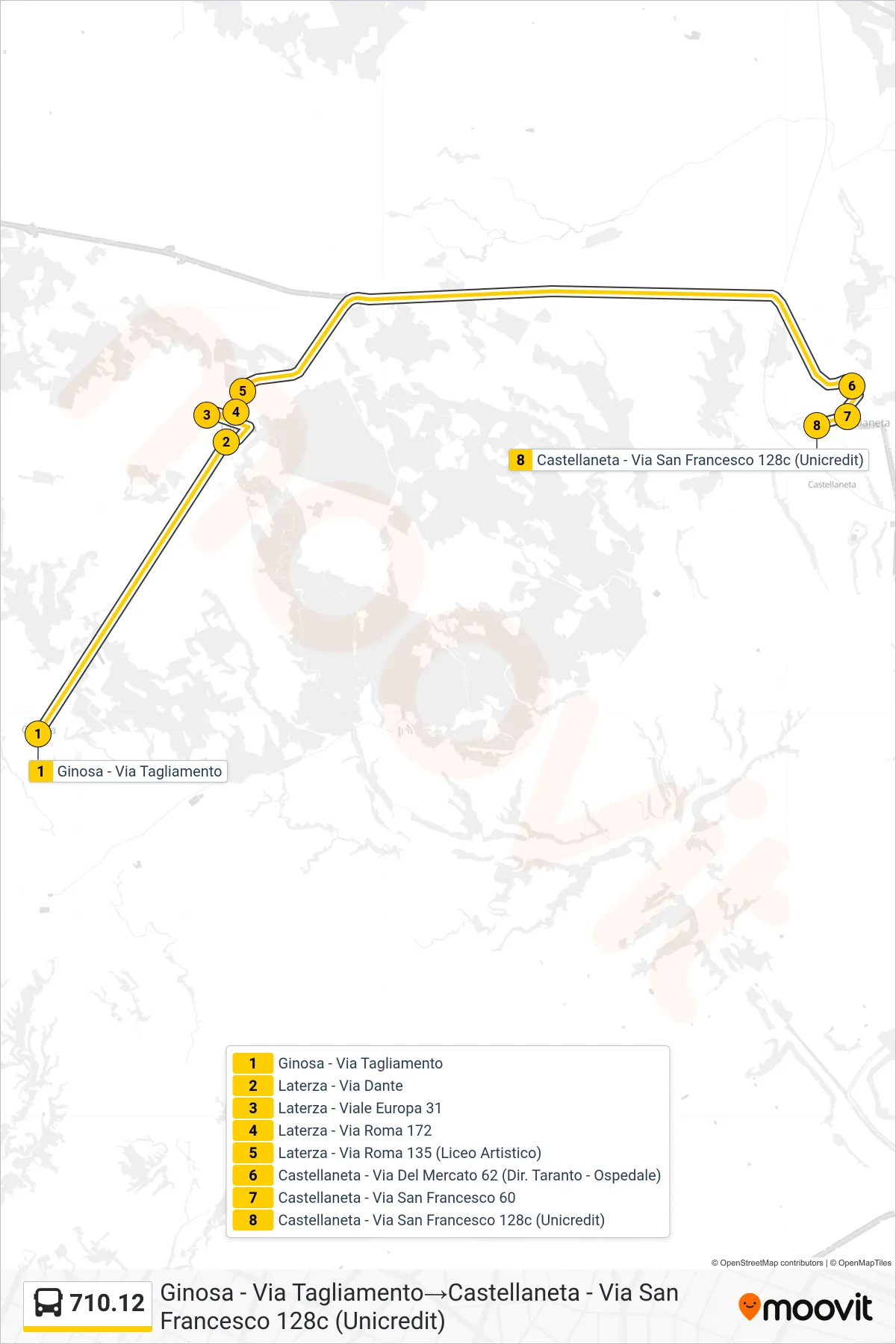 Linea 710.12  bus (Ginosa - Via Tagliamento‎→Castellaneta - Via San Francesco 128c (Unicredit)) - Percorsi e fermate sulla mappa