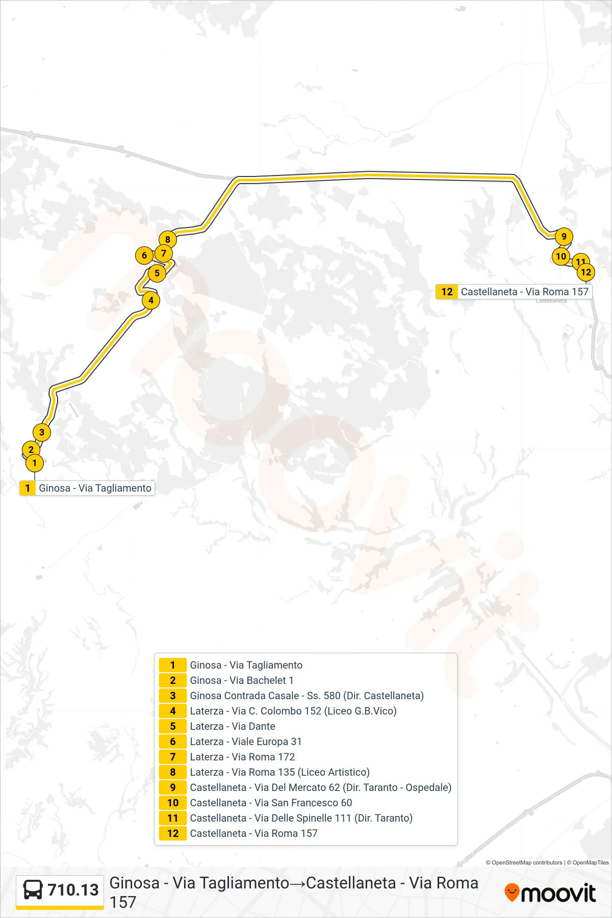 Linea 710.13 bus (Ginosa - Via Tagliamento→Castellaneta - Via Roma 157) - Percorsi e fermate sulla mappa