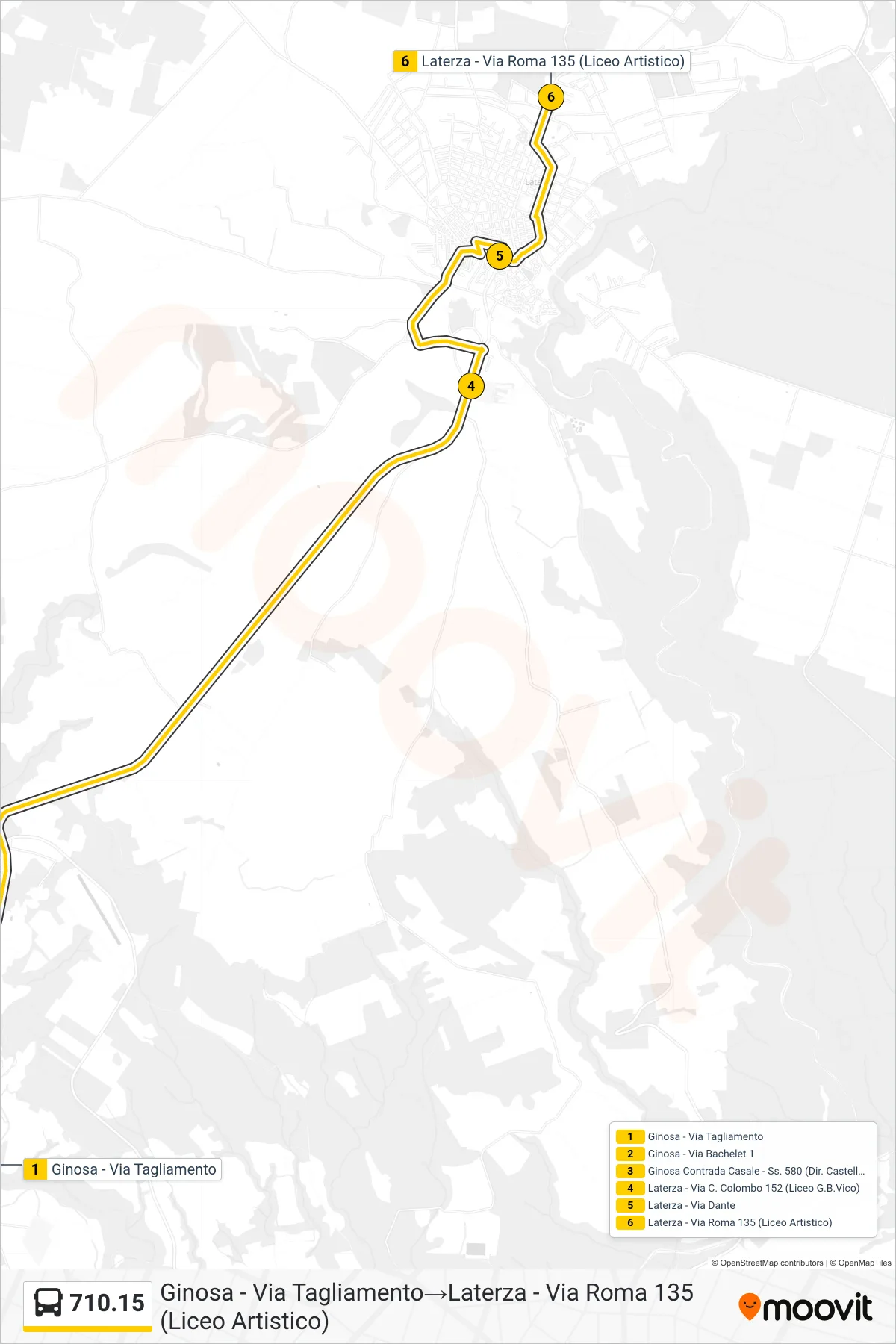 Linea 710.15 bus (Ginosa - Via Tagliamento→Laterza - Via Roma 135 (Liceo Artistico)) - Percorsi e fermate sulla mappa