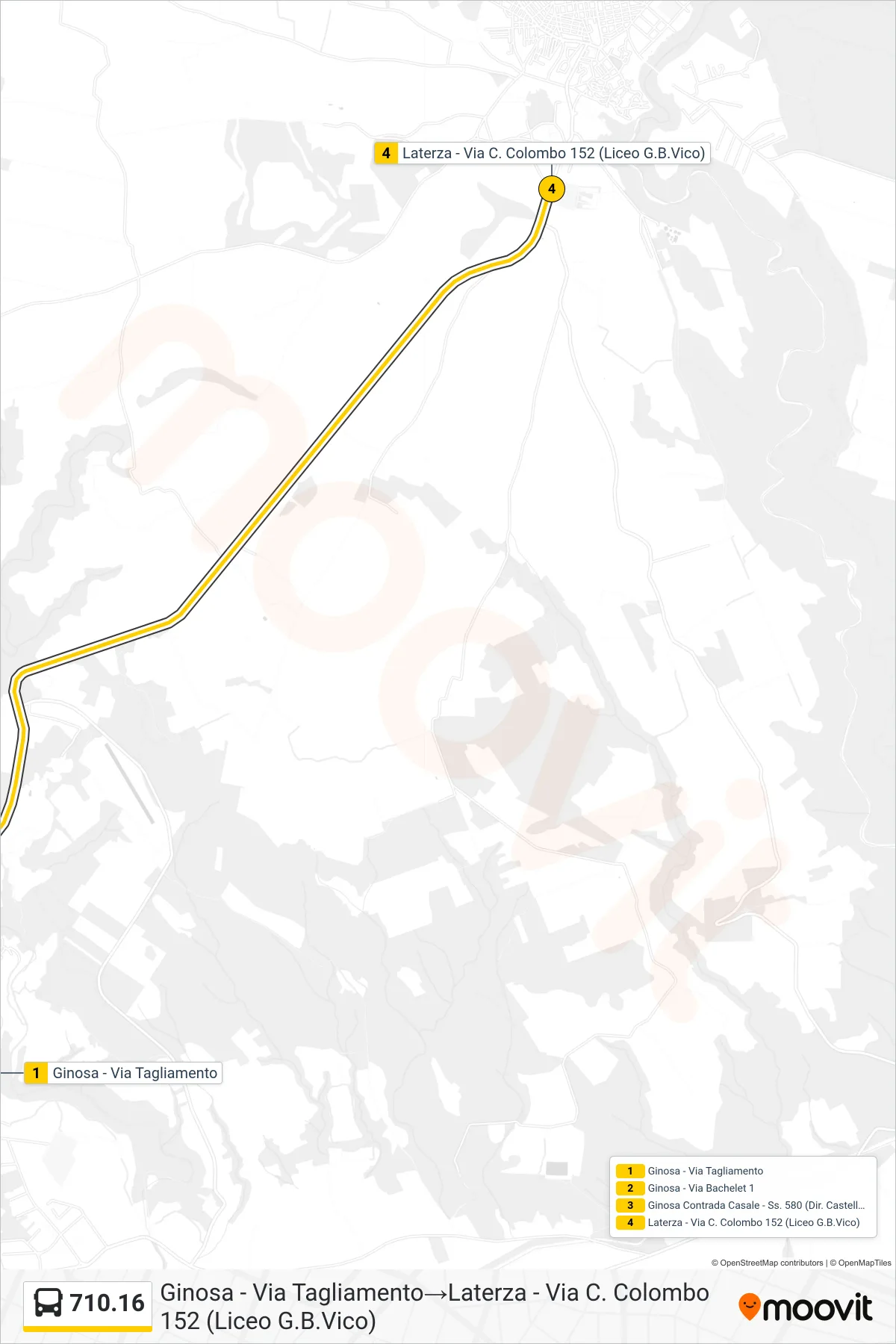 Linea 710.16 bus (Ginosa - Via Tagliamento→Laterza - Via C. Colombo 152 (Liceo G.B.Vico)) - Percorsi e fermate sulla mappa