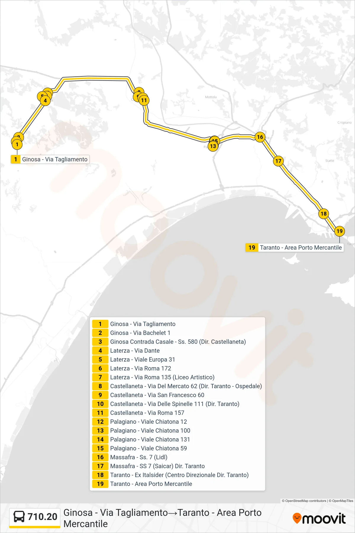 Linea 710.20 bus (Ginosa - Via Tagliamento→Taranto - Area Porto Mercantile) - Percorsi e fermate sulla mappa