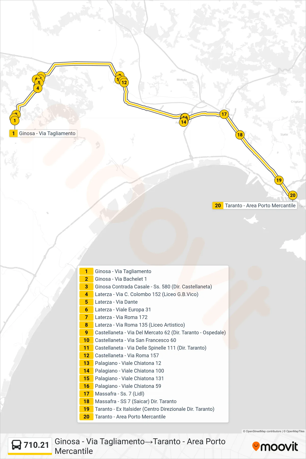 Linea 710.21  bus (Ginosa - Via Tagliamento‎→Taranto - Area Porto Mercantile) - Percorsi e fermate sulla mappa