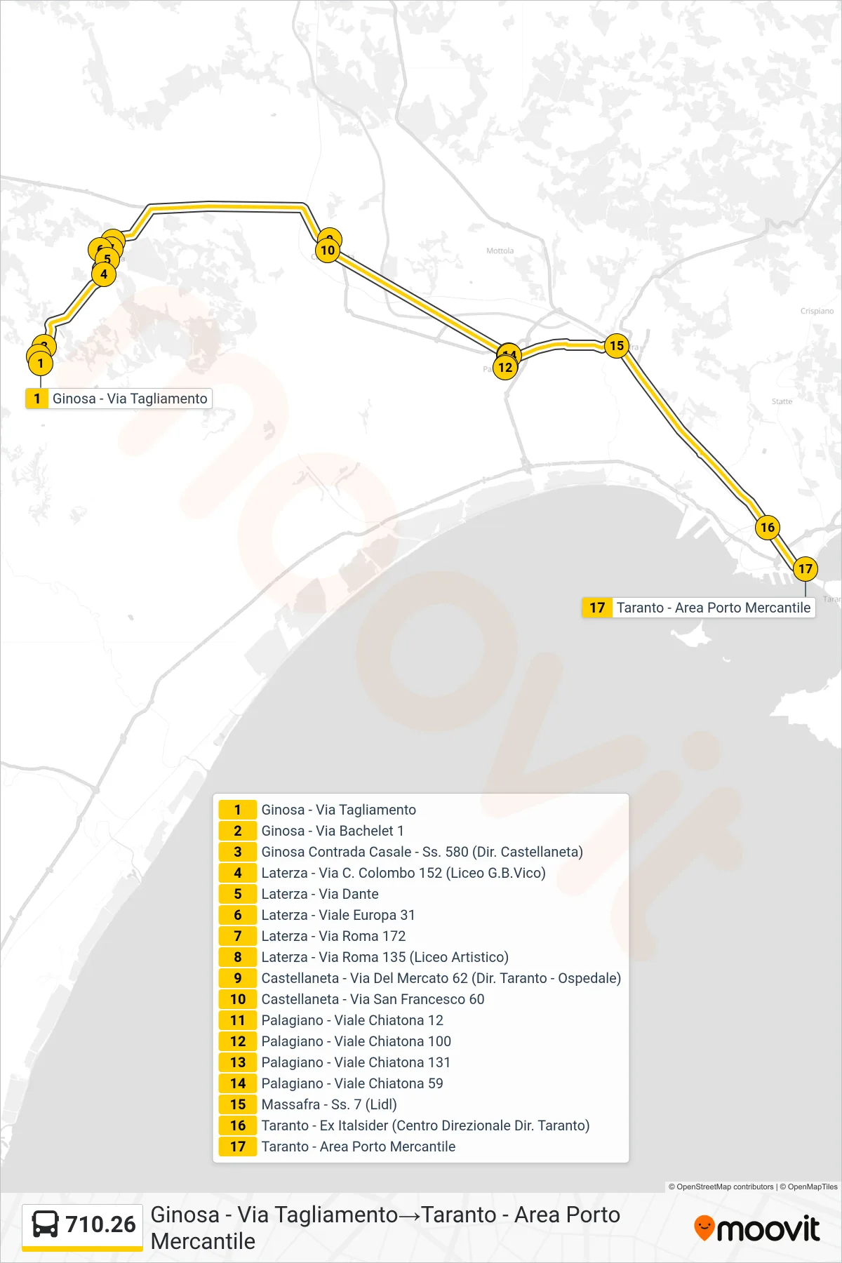 Linea 710.26 bus (Ginosa - Via Tagliamento→Taranto - Area Porto Mercantile) - Percorsi e fermate sulla mappa
