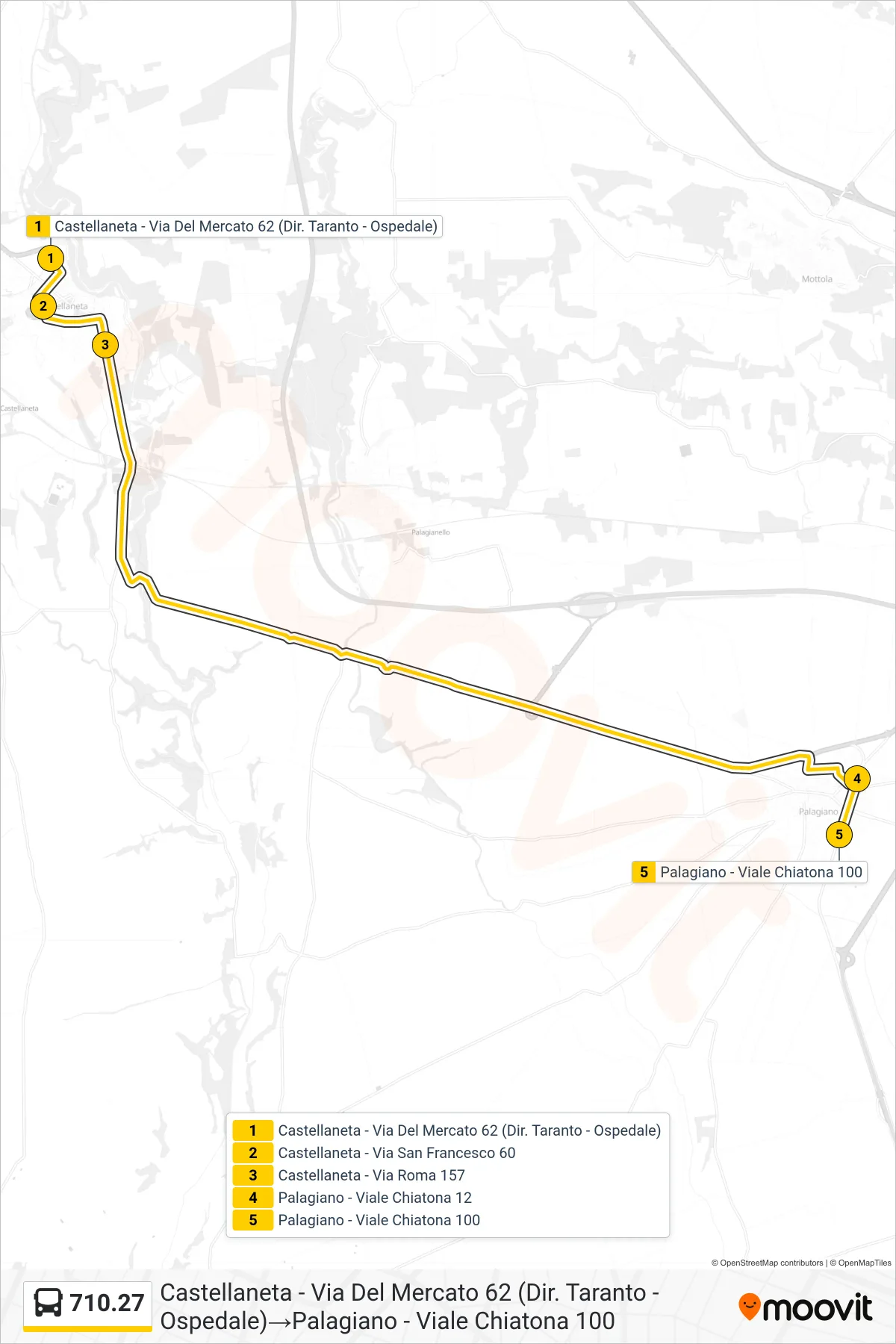 Linea 710.27 bus (Castellaneta - Via Del Mercato 62 (Dir. Taranto - Ospedale)→Palagiano - Viale Chiatona 100) - Percorsi e fermate sulla mappa