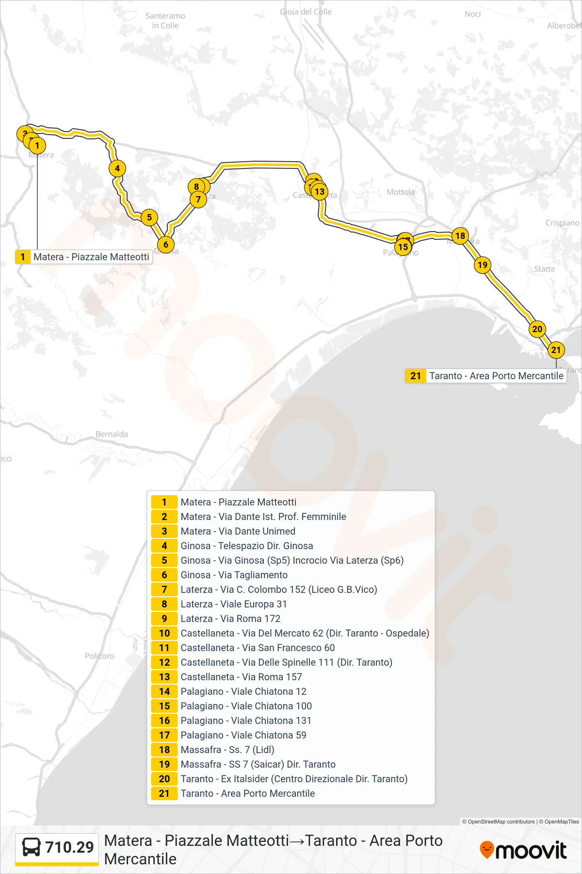 Linea 710.29 bus (Matera - Piazzale Matteotti→Taranto - Area Porto Mercantile) - Percorsi e fermate sulla mappa