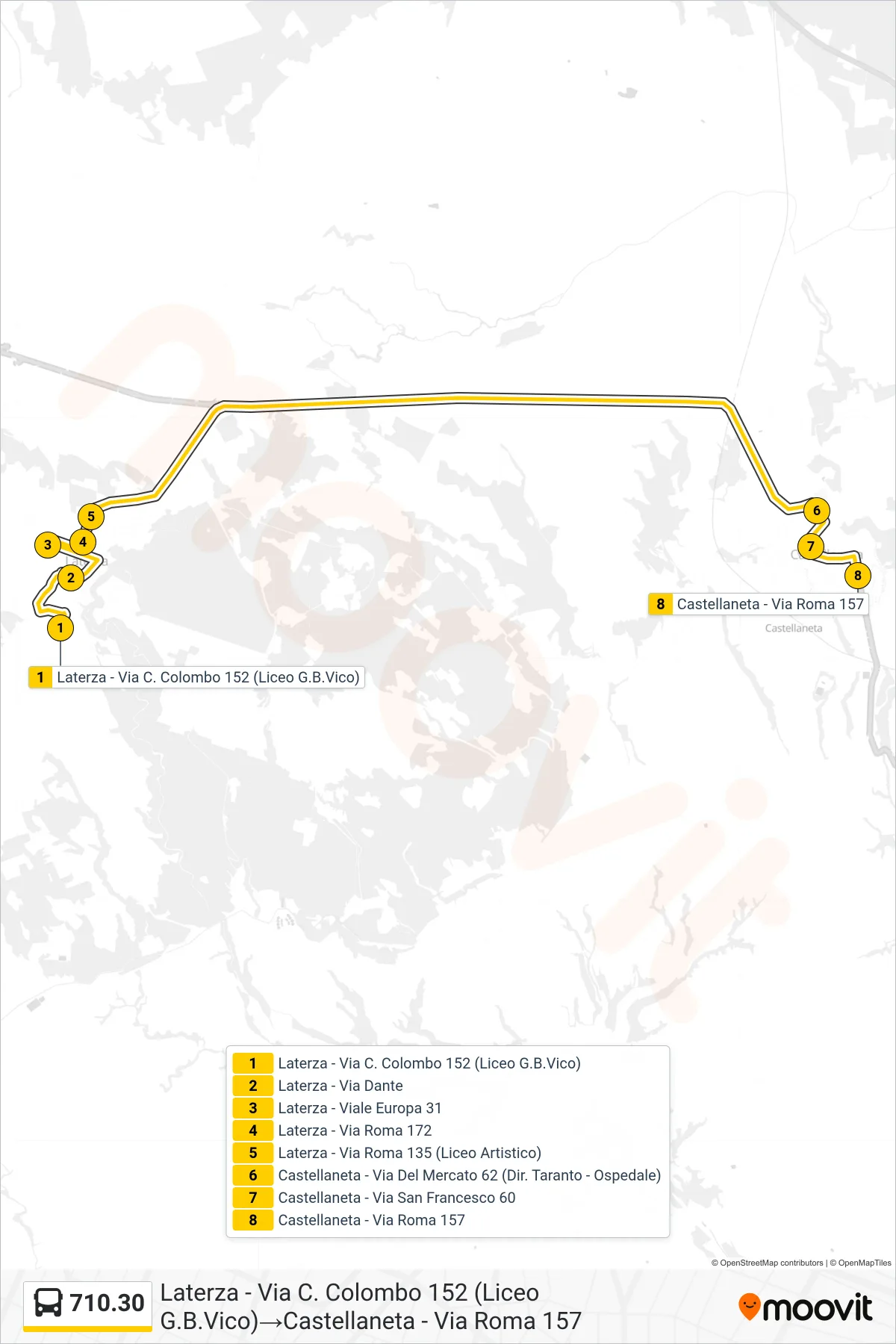 Linea 710.30 bus (Laterza - Via C. Colombo 152 (Liceo G.B.Vico)→Castellaneta - Via Roma 157) - Percorsi e fermate sulla mappa