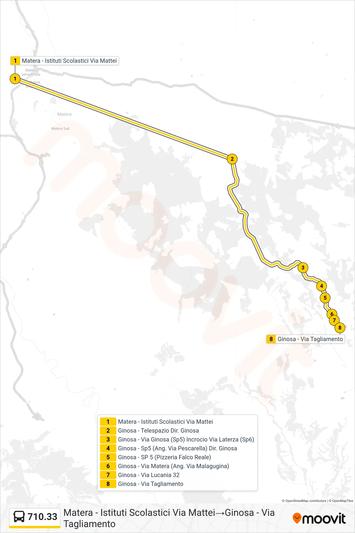 Linea 710.33 bus (Matera - Istituti Scolastici Via Mattei→Ginosa - Via Tagliamento) - Percorsi e fermate sulla mappa