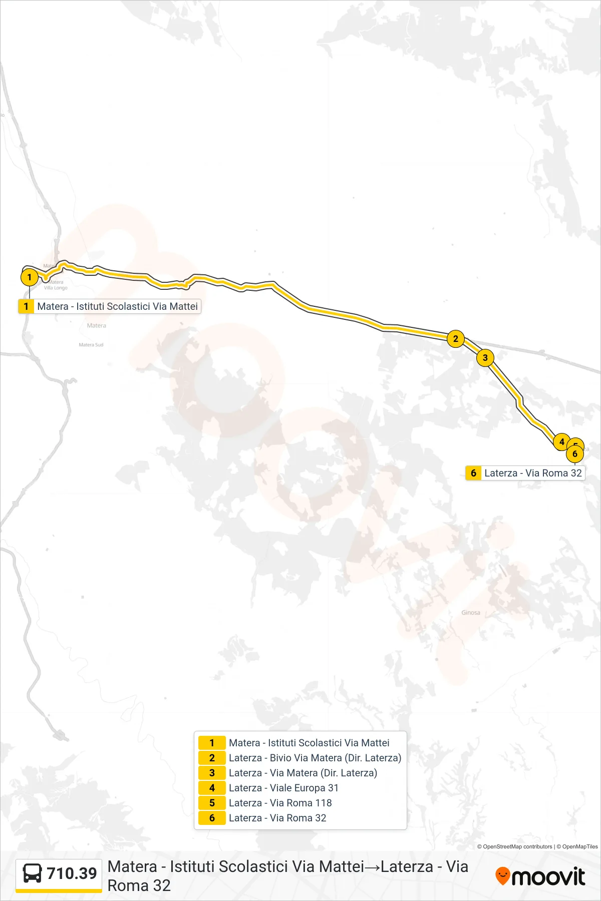 Linea 710.39 bus (Matera - Istituti Scolastici Via Mattei→Laterza - Via Roma 32) - Percorsi e fermate sulla mappa