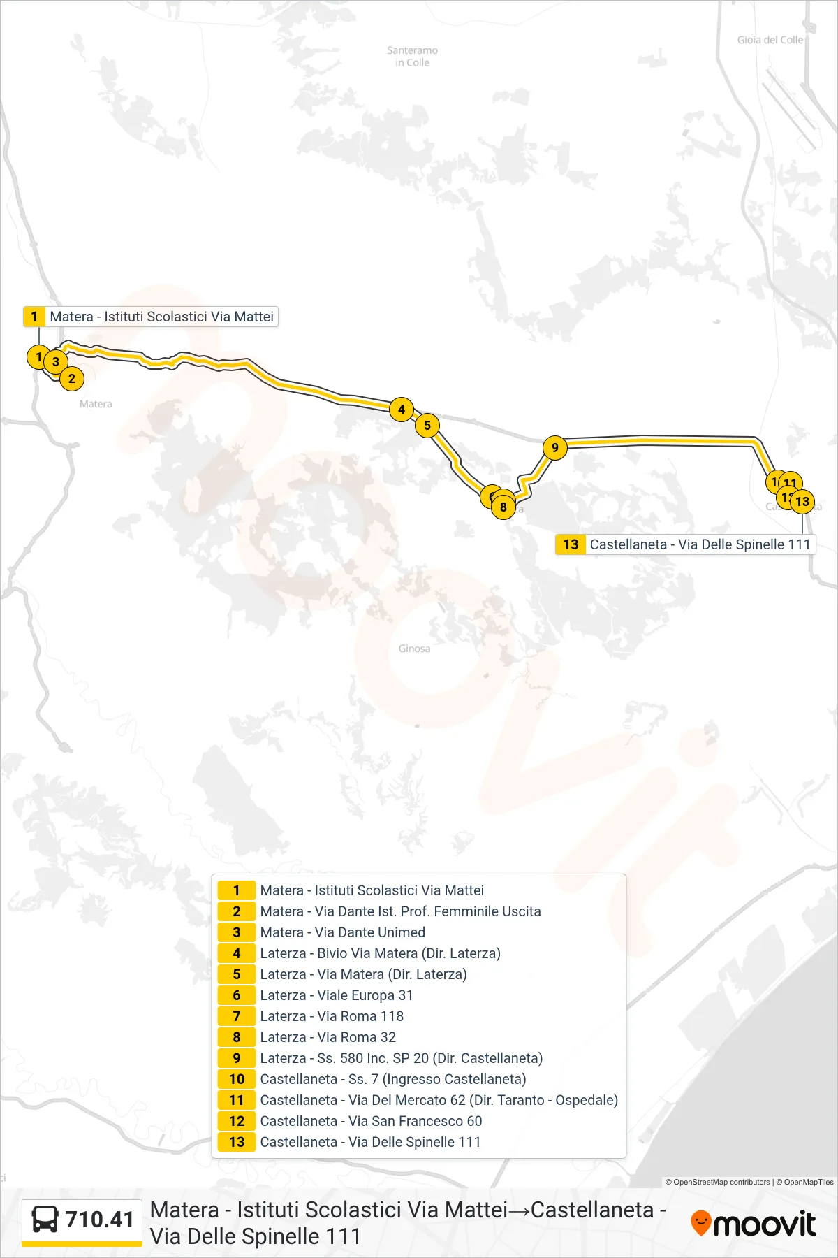 Linea 710.41  bus (Matera - Istituti Scolastici Via Mattei‎→Castellaneta - Via Delle Spinelle 111) - Percorsi e fermate sulla mappa