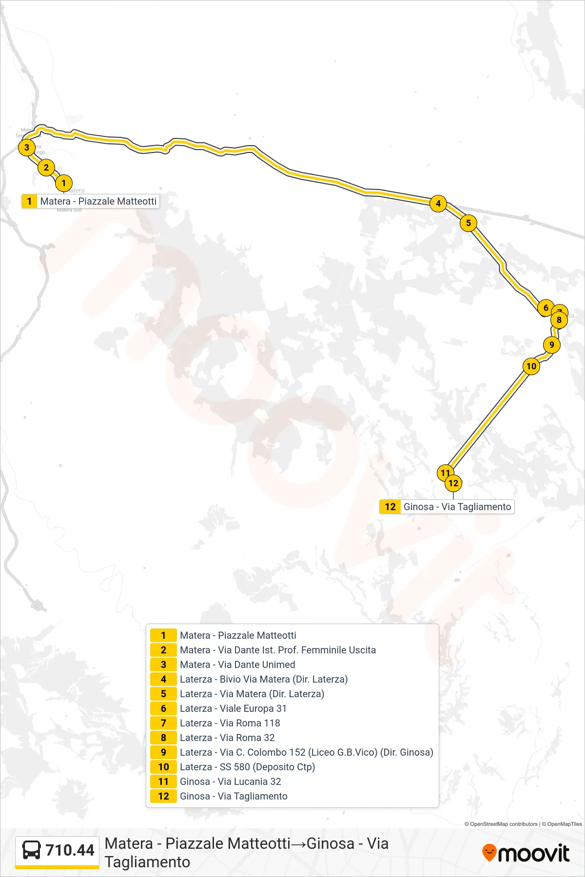 Linea 710.44 bus (Matera - Piazzale Matteotti→Ginosa - Via Tagliamento) - Percorsi e fermate sulla mappa