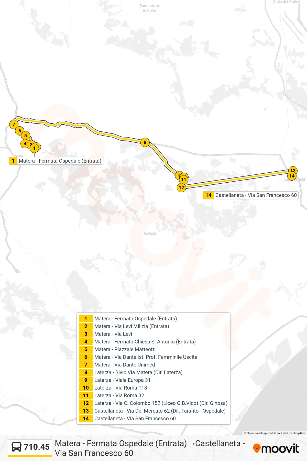 Linea 710.45  bus (Matera - Fermata Ospedale (Entrata)‎→Castellaneta - Via San Francesco 60) - Percorsi e fermate sulla mappa