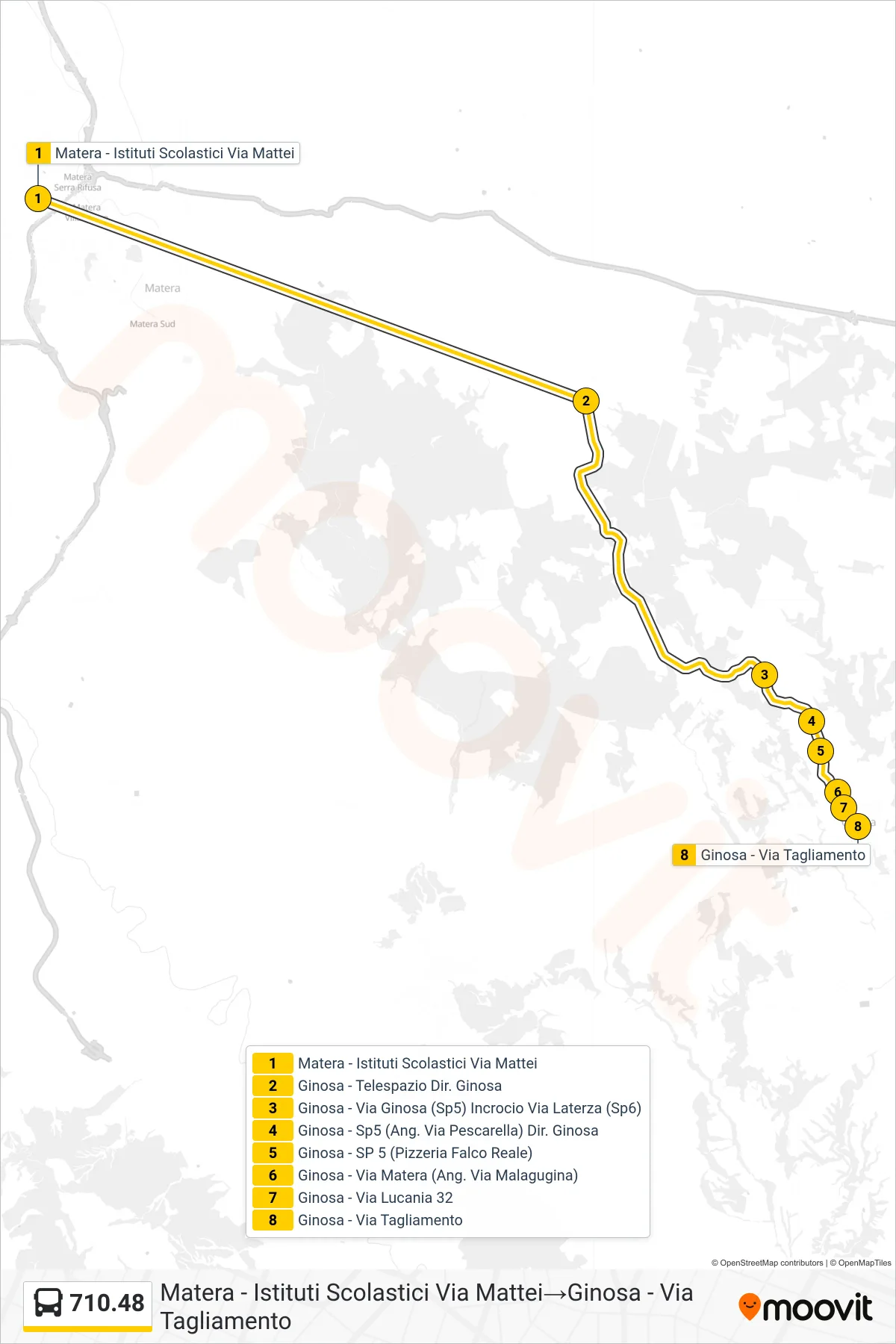 Linea 710.48  bus (Matera - Istituti Scolastici Via Mattei‎→Ginosa - Via Tagliamento) - Percorsi e fermate sulla mappa