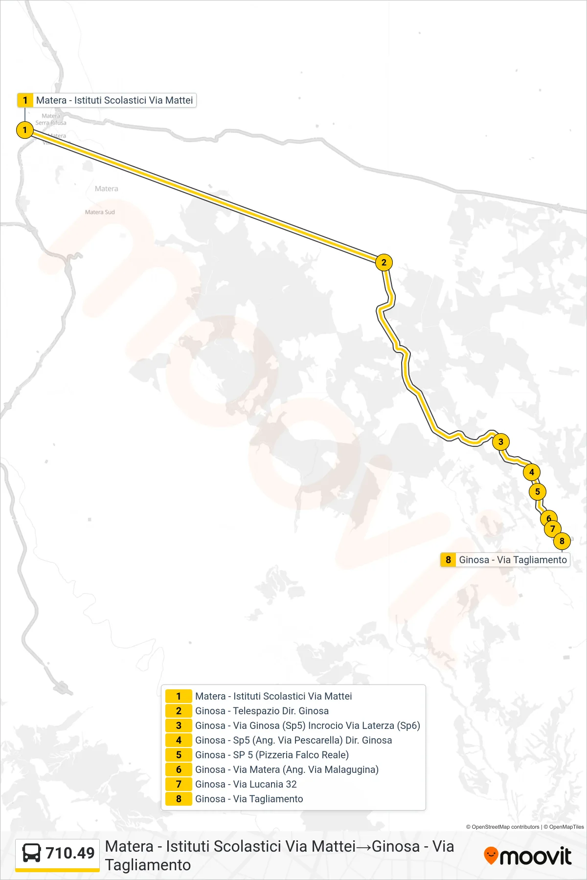 Linea 710.49 bus (Matera - Istituti Scolastici Via Mattei→Ginosa - Via Tagliamento) - Percorsi e fermate sulla mappa