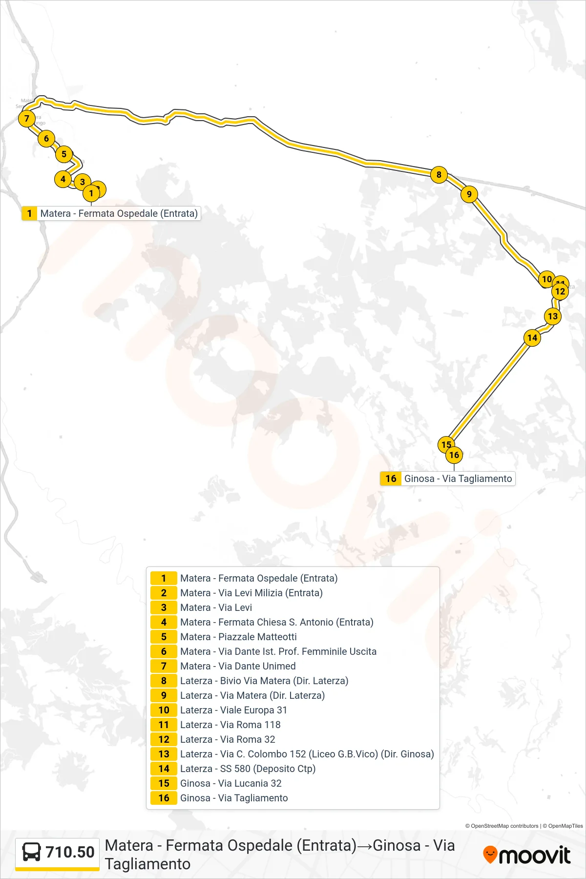 Linea 710.50  bus (Matera - Fermata Ospedale (Entrata)‎→Ginosa - Via Tagliamento) - Percorsi e fermate sulla mappa
