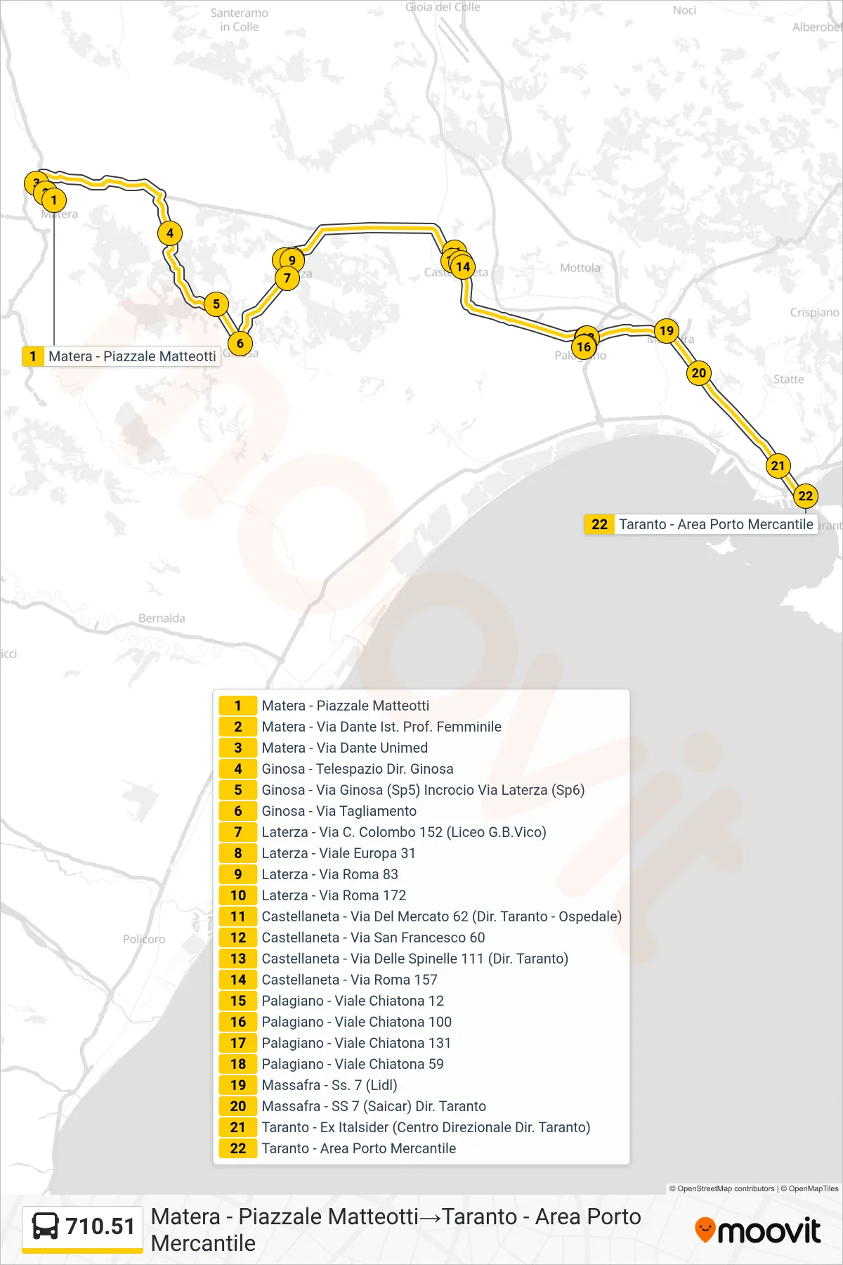 Linea 710.51 bus (Matera - Piazzale Matteotti→Taranto - Area Porto Mercantile) - Percorsi e fermate sulla mappa