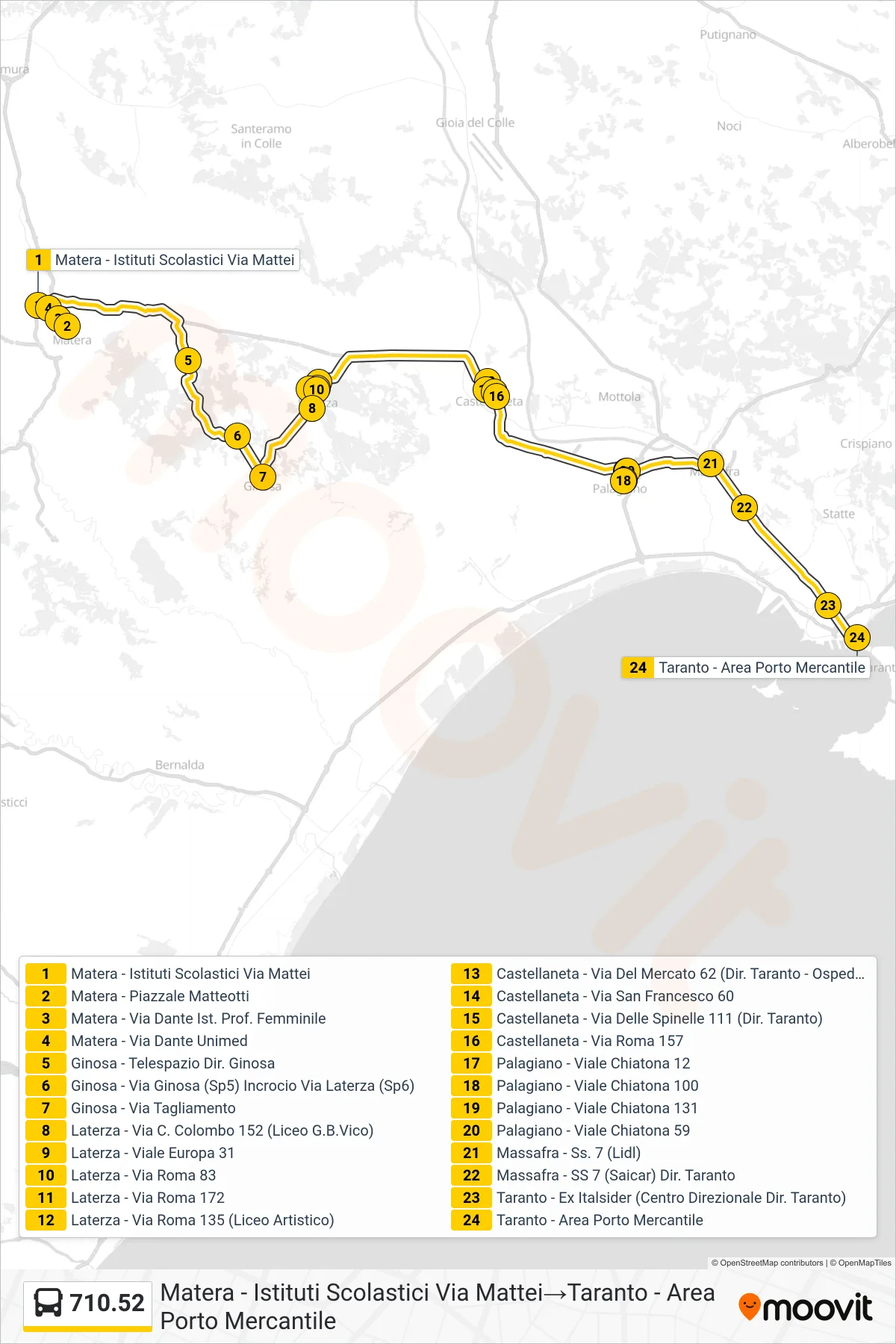 Linea 710.52 bus (Matera - Istituti Scolastici Via Mattei→Taranto - Area Porto Mercantile) - Percorsi e fermate sulla mappa