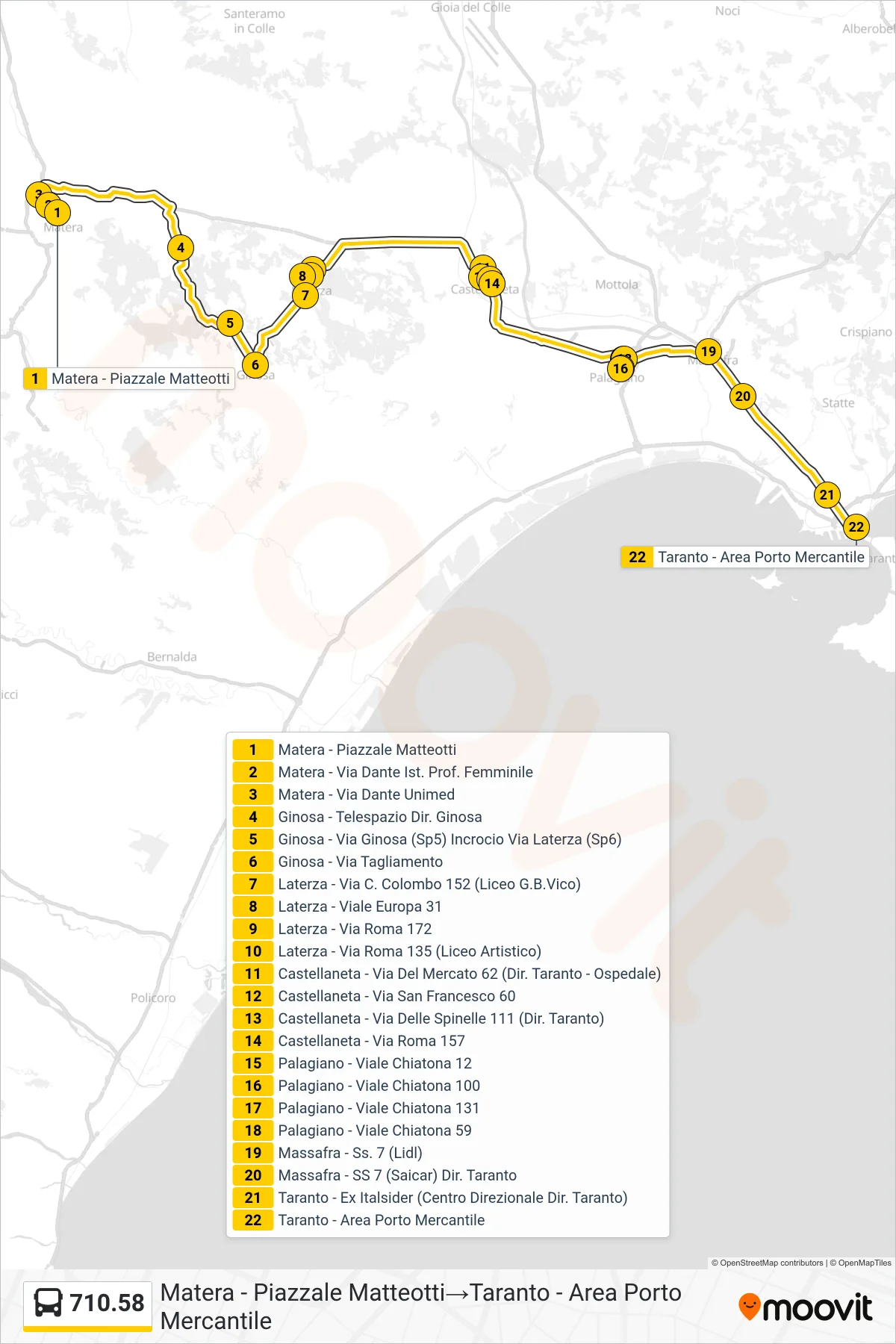 Linea 710.58 bus (Matera - Piazzale Matteotti→Taranto - Area Porto Mercantile) - Percorsi e fermate sulla mappa