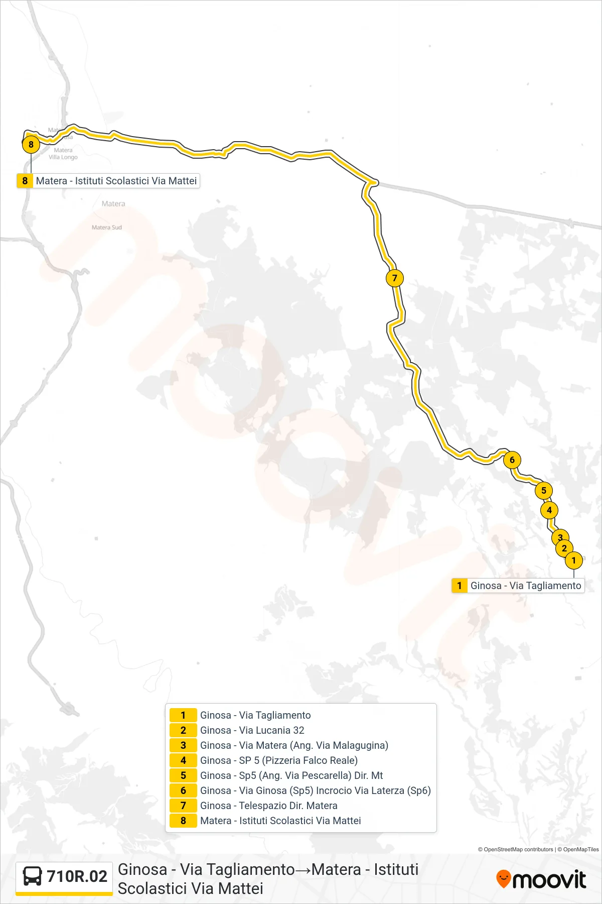 Linea 710R.02  bus (Ginosa - Via Tagliamento‎→Matera - Istituti Scolastici Via Mattei) - Percorsi e fermate sulla mappa