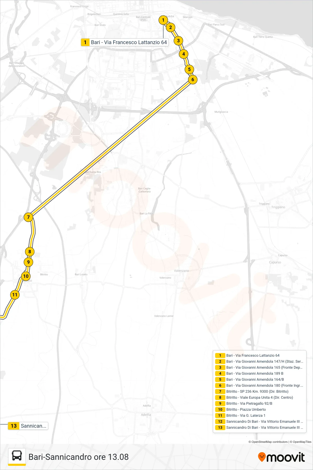 Linea 706DR.02  bus (Bari - Via Francesco Lattanzio 64‎→Sannicandro Di Bari - Via Vittorio Emanuele III 27) - Percorsi e fermate sulla mappa