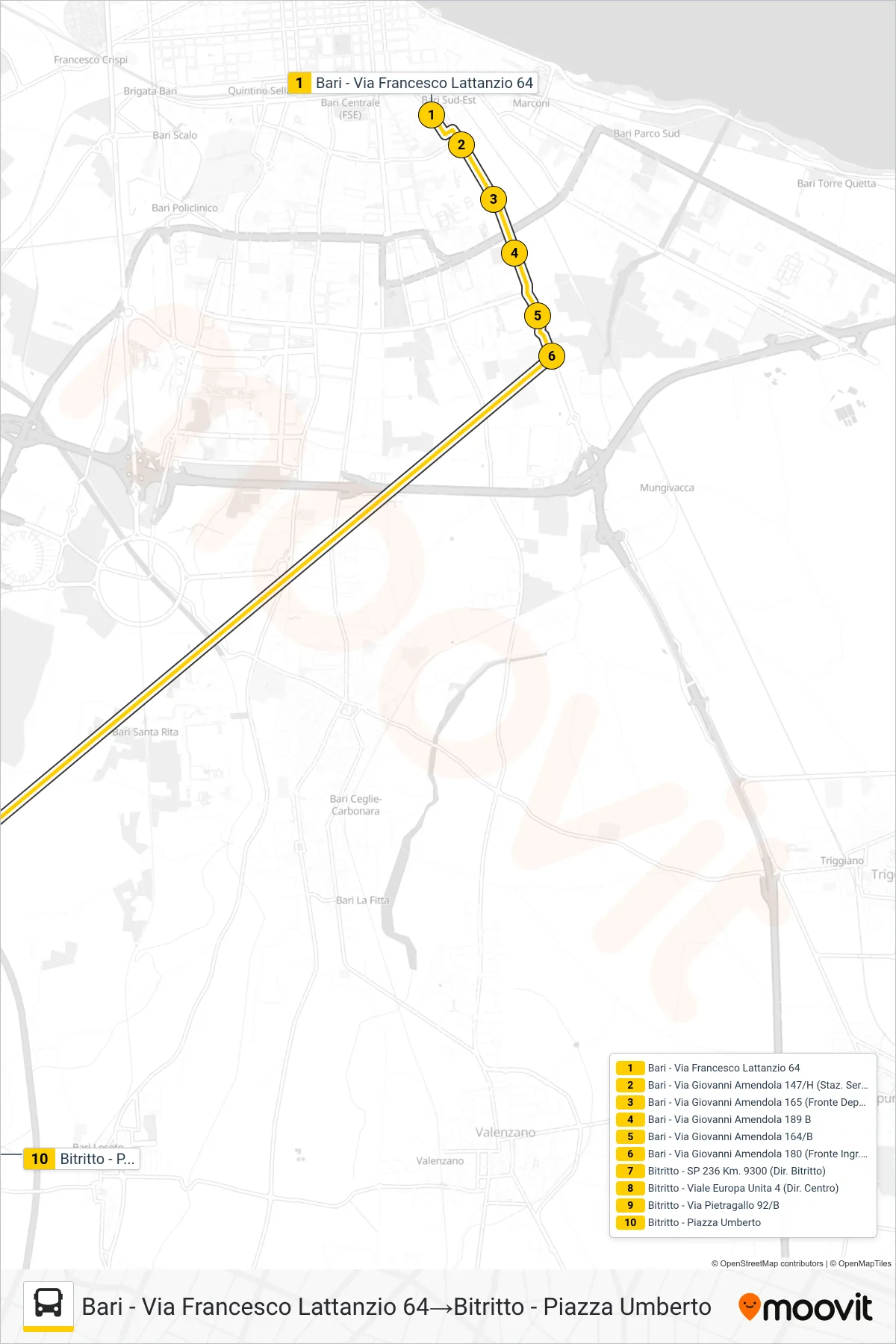 Linea 706DR.03  bus (Bari - Via Francesco Lattanzio 64‎→Bitritto - Piazza Umberto) - Percorsi e fermate sulla mappa