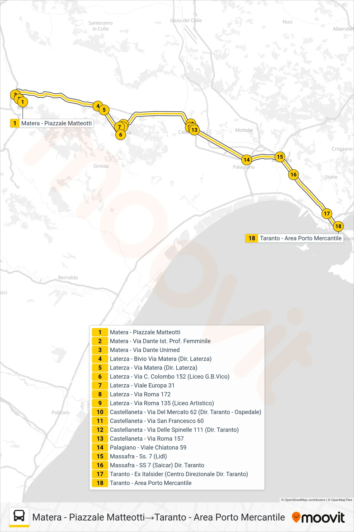 Linea 710.02.01 bus (Matera - Piazzale Matteotti→Taranto - Area Porto Mercantile) - Percorsi e fermate sulla mappa
