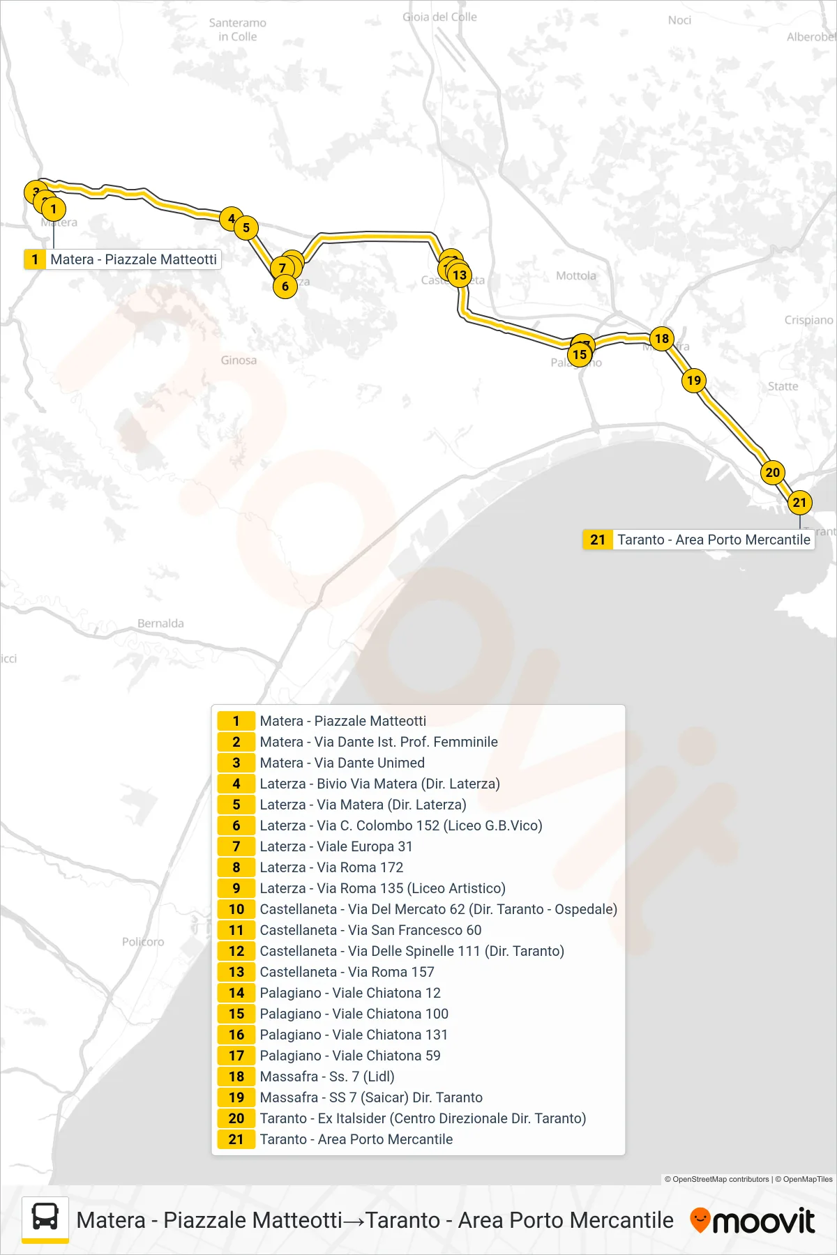 Linea 710.02.02 bus (Matera - Piazzale Matteotti→Taranto - Area Porto Mercantile) - Percorsi e fermate sulla mappa