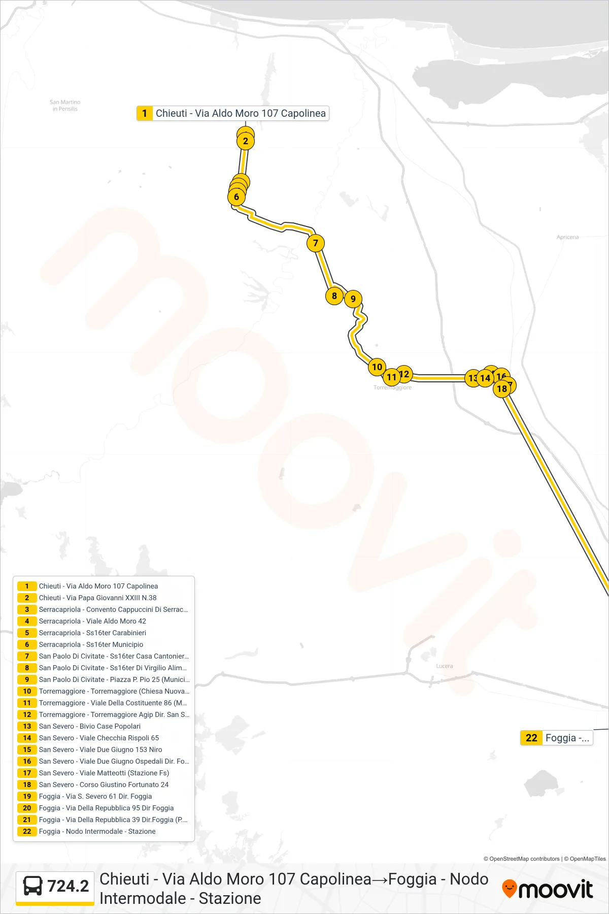 Linea 724.2 tram (Chieuti - Via Aldo Moro 107 Capolinea→Foggia - Nodo Intermodale - Stazione) - Percorsi e fermate sulla mappa