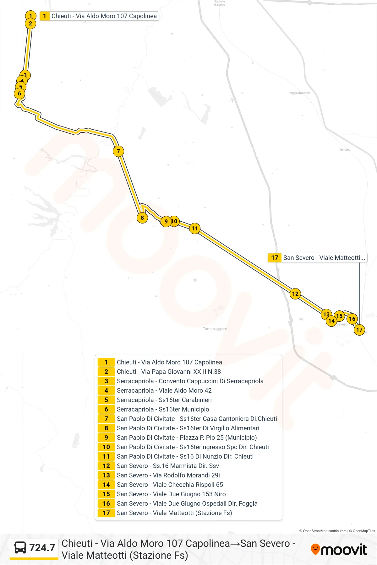 Linea 724.7 tram (Chieuti - Via Aldo Moro 107 Capolinea→San Severo - Viale Matteotti (Stazione Fs)) - Percorsi e fermate sulla mappa