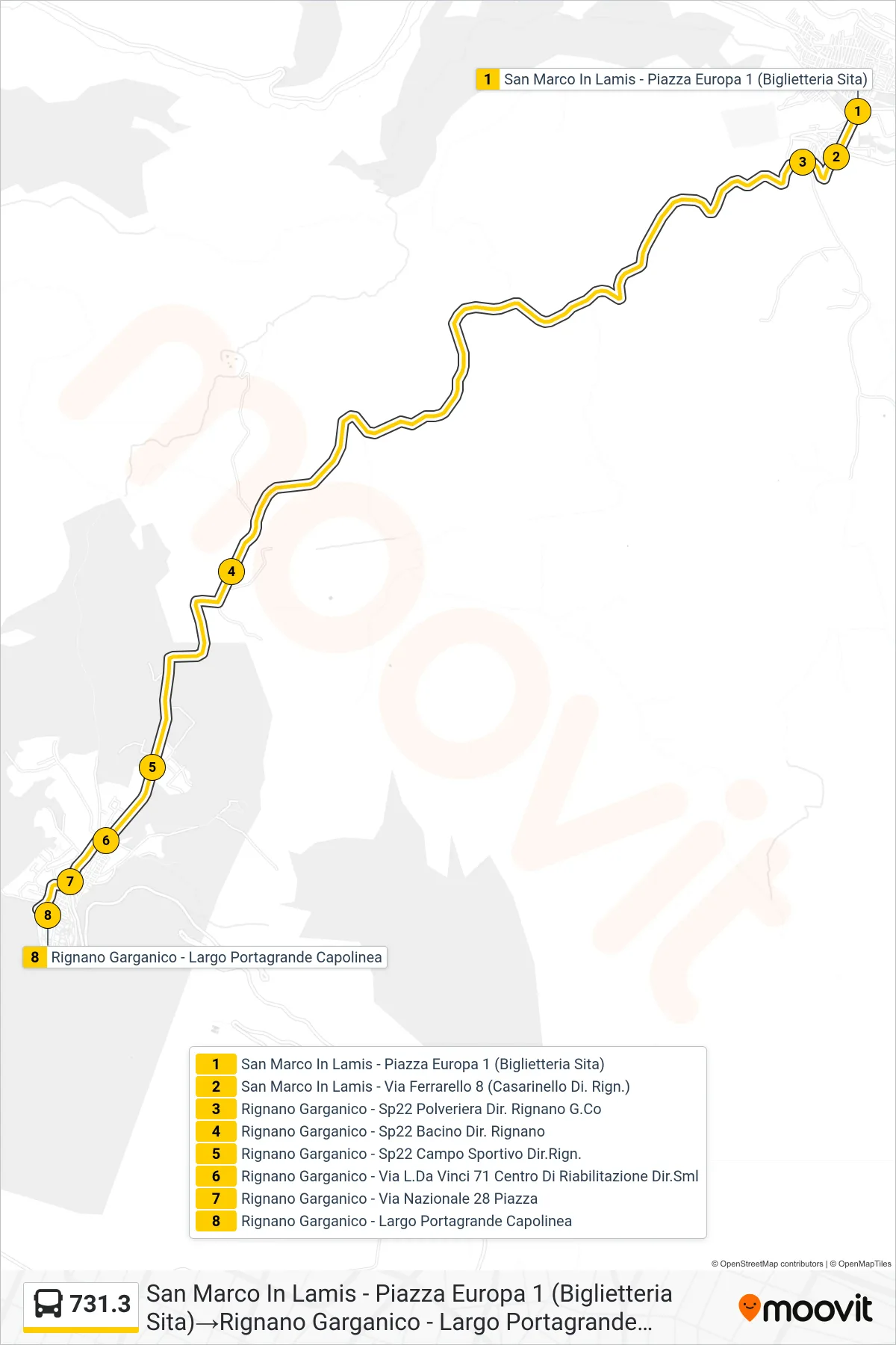 Linea 731.3 tram (San Marco In Lamis - Piazza Europa 1 (Biglietteria Sita)→Rignano Garganico - Largo Portagrande Capolinea) - Percorsi e fermate sulla mappa