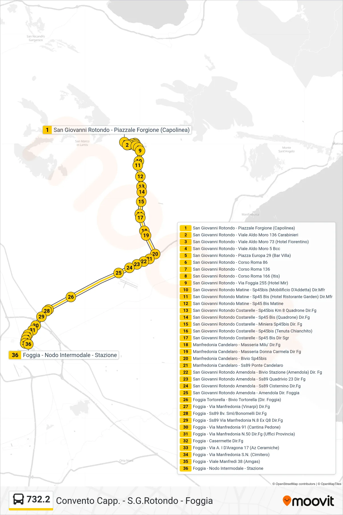 Linea 732.2 tram (San Giovanni Rotondo - Piazzale Forgione (Capolinea)→Foggia - Nodo Intermodale - Stazione) - Percorsi e fermate sulla mappa