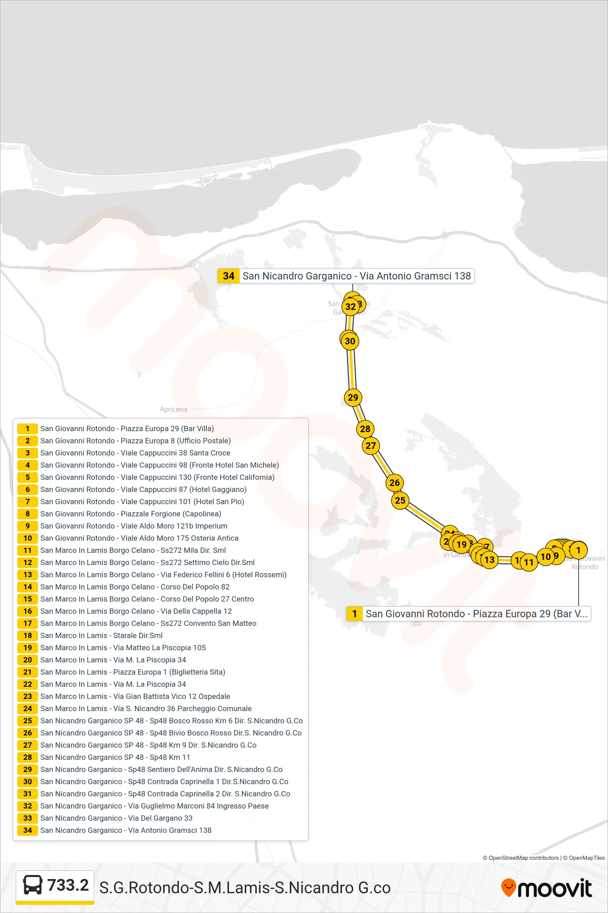 Linea 733.2 tram (San Giovanni Rotondo - Piazza Europa 29 (Bar Villa)→San Nicandro Garganico - Via Antonio Gramsci 138) - Percorsi e fermate sulla mappa