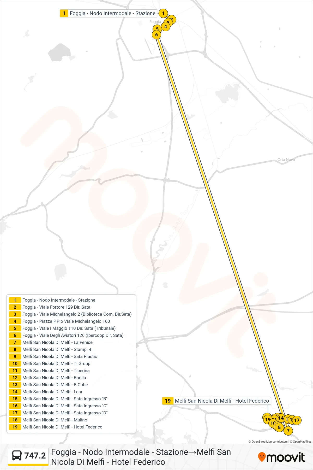 Linea 747.2  tram (Foggia - Nodo Intermodale - Stazione‎→Melfi San Nicola Di Melfi - Hotel Federico) - Percorsi e fermate sulla mappa