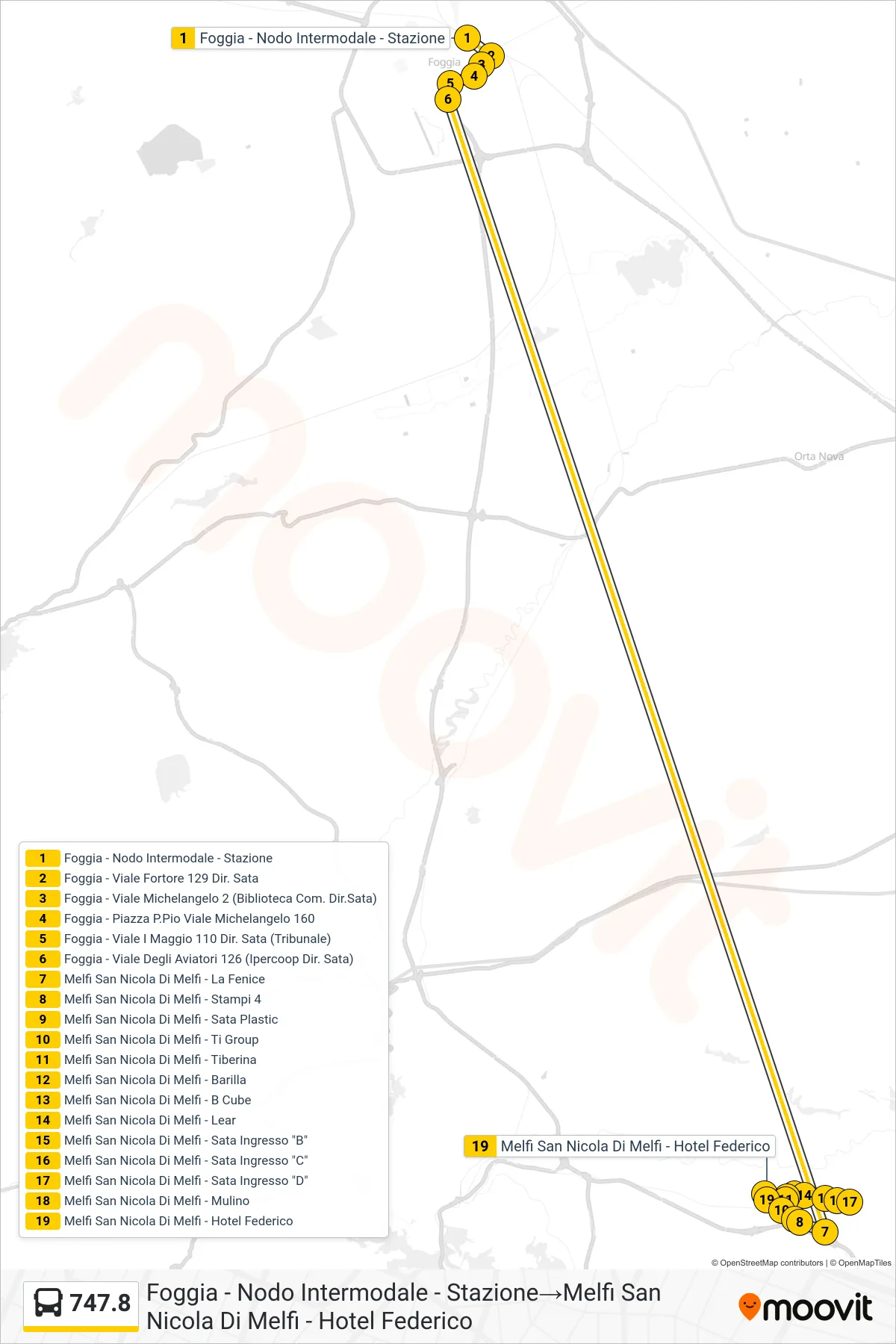 Linea 747.8  tram (Foggia - Nodo Intermodale - Stazione‎→Melfi San Nicola Di Melfi - Hotel Federico) - Percorsi e fermate sulla mappa