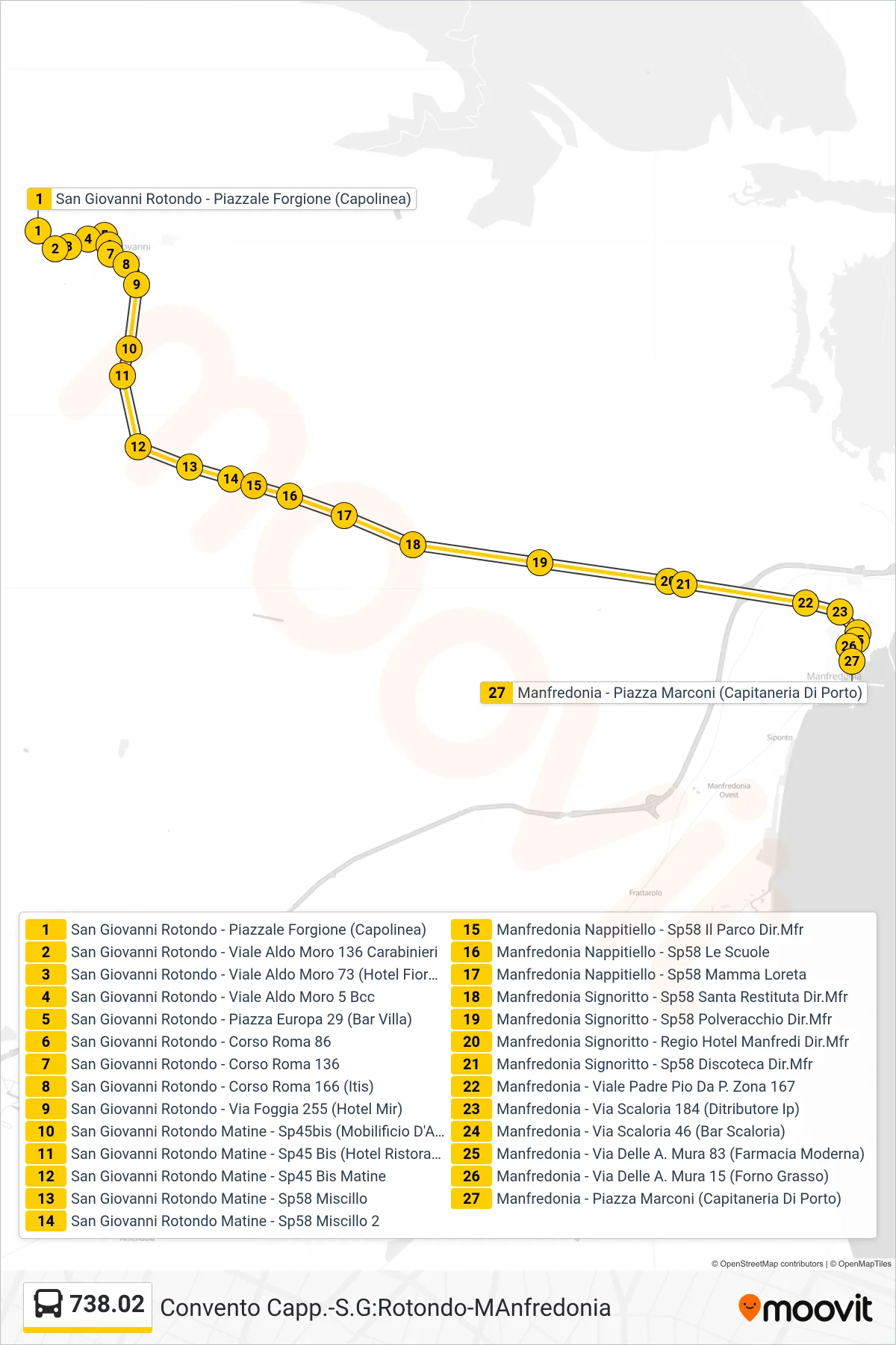 Linea 738.02  tram (San Giovanni Rotondo - Piazzale Forgione (Capolinea)‎→Manfredonia - Piazza Marconi (Capitaneria Di Porto)) - Percorsi e fermate sulla mappa