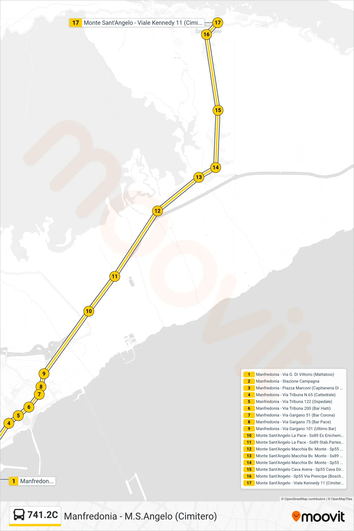 Linea 741.2C tram (Manfredonia - Via G. Di Vittorio (Mattatoio)→Monte Sant'Angelo - Viale Kennedy 11 (Cimitero)) - Percorsi e fermate sulla mappa