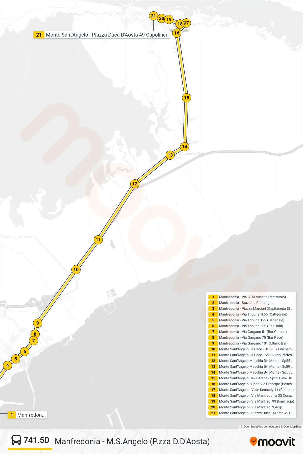 Linea 741.5D tram (Manfredonia - Via G. Di Vittorio (Mattatoio)→Monte Sant'Angelo - Piazza Duca D'Aosta 49 Capolinea) - Percorsi e fermate sulla mappa