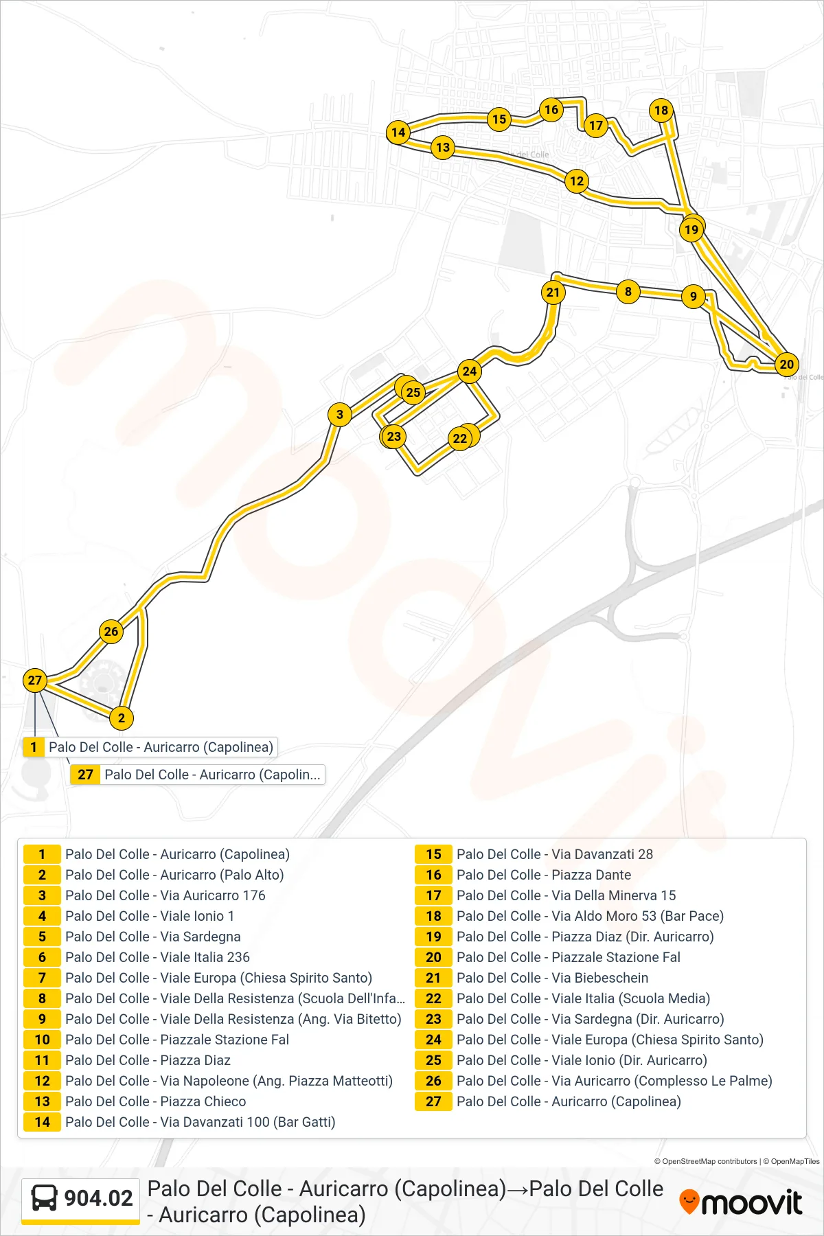 Linea 904.02 tram (Palo Del Colle - Auricarro (Capolinea)→Palo Del Colle - Auricarro (Capolinea)) - Percorsi e fermate sulla mappa