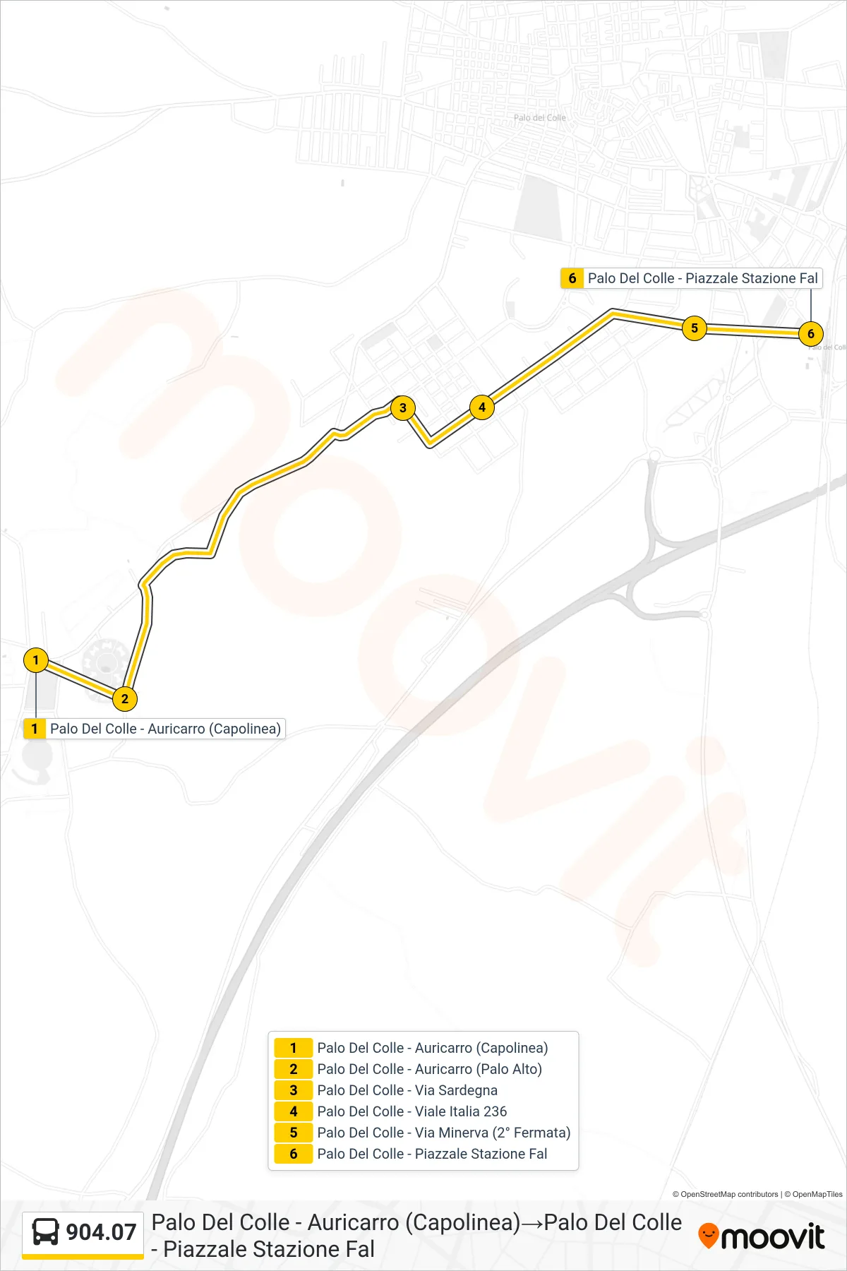 Linea 904.07 tram (Palo Del Colle - Auricarro (Capolinea)→Palo Del Colle - Piazzale Stazione Fal) - Percorsi e fermate sulla mappa