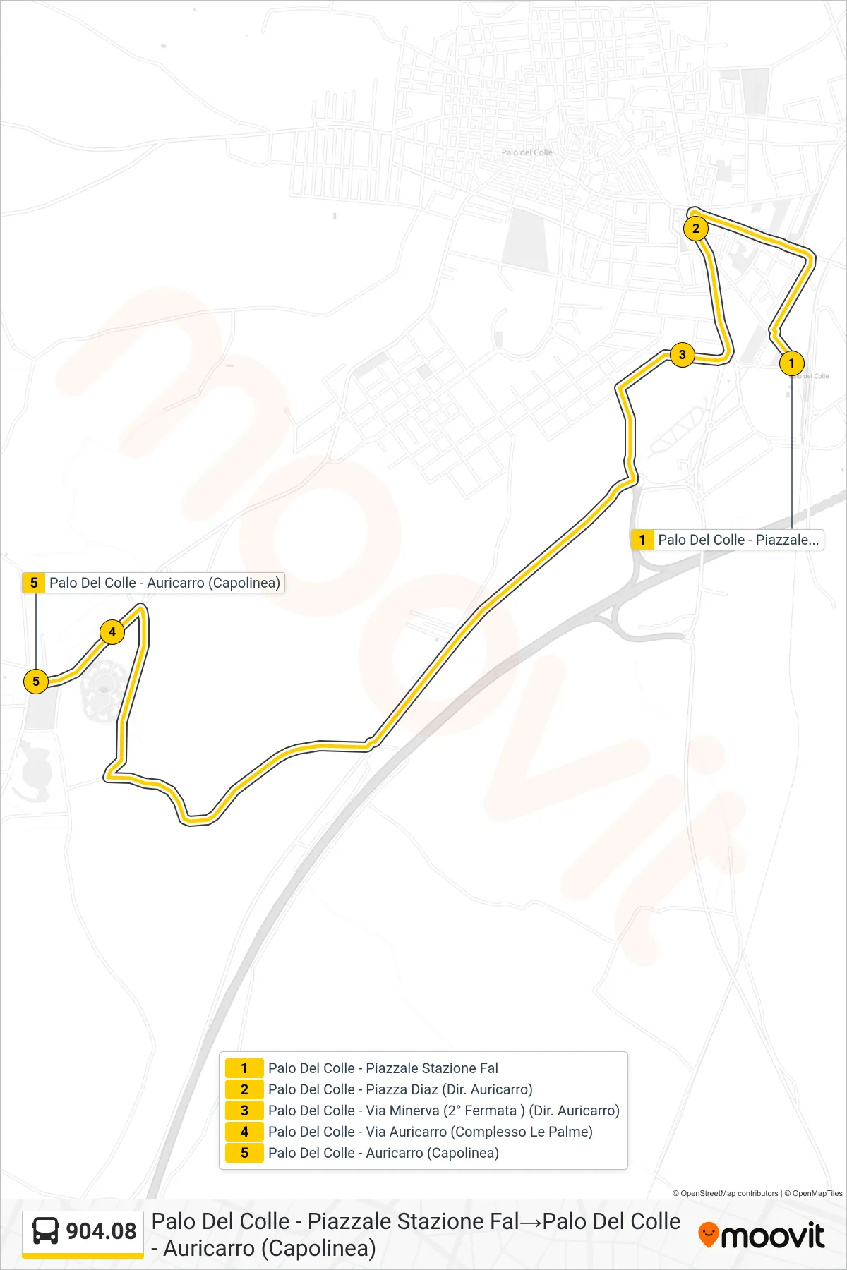 Linea 904.08 tram (Palo Del Colle - Piazzale Stazione Fal→Palo Del Colle - Auricarro (Capolinea)) - Percorsi e fermate sulla mappa