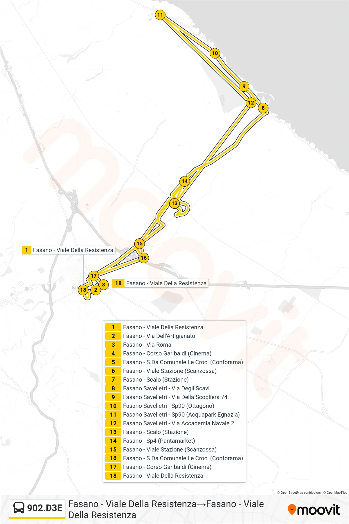 Linea 902.D3E  tram (Fasano - Viale Della Resistenza‎→Fasano - Viale Della Resistenza) - Percorsi e fermate sulla mappa