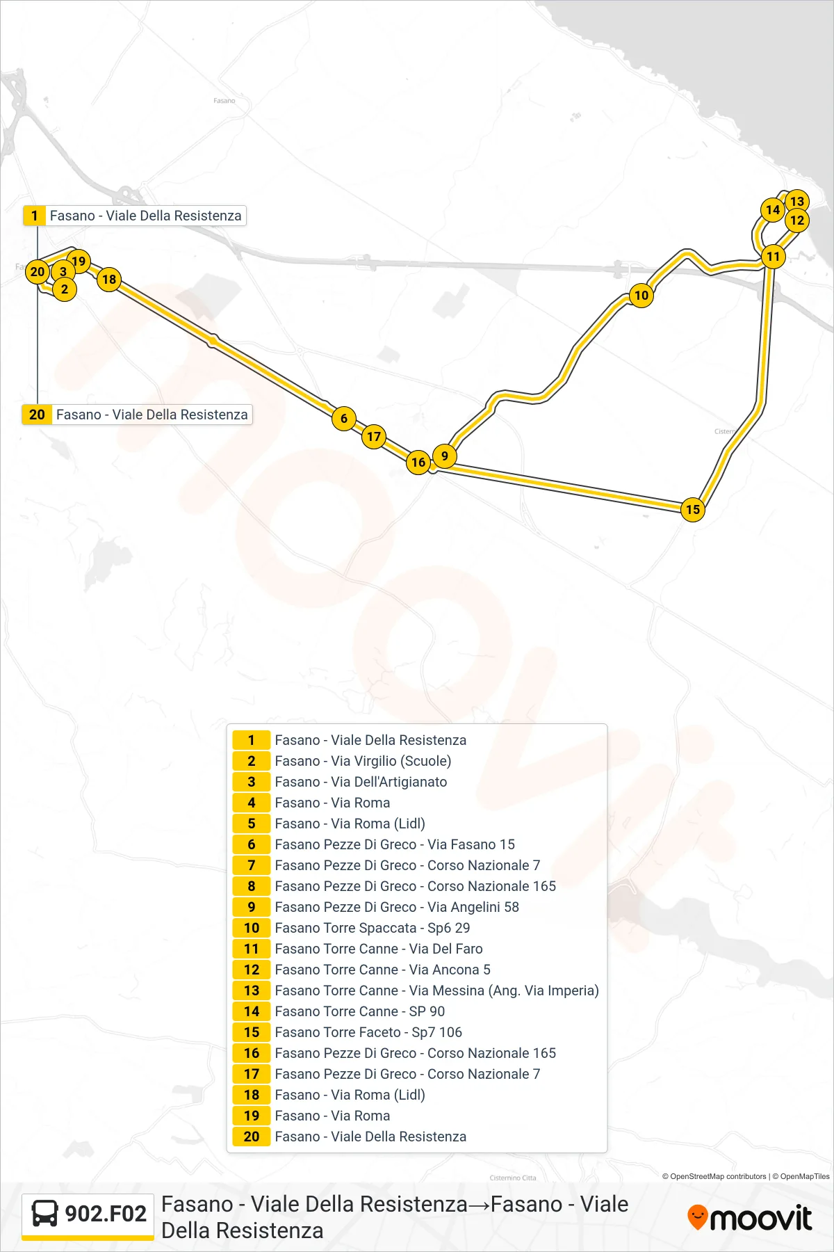 Linea 902.F02  tram (Fasano - Viale Della Resistenza‎→Fasano - Viale Della Resistenza) - Percorsi e fermate sulla mappa