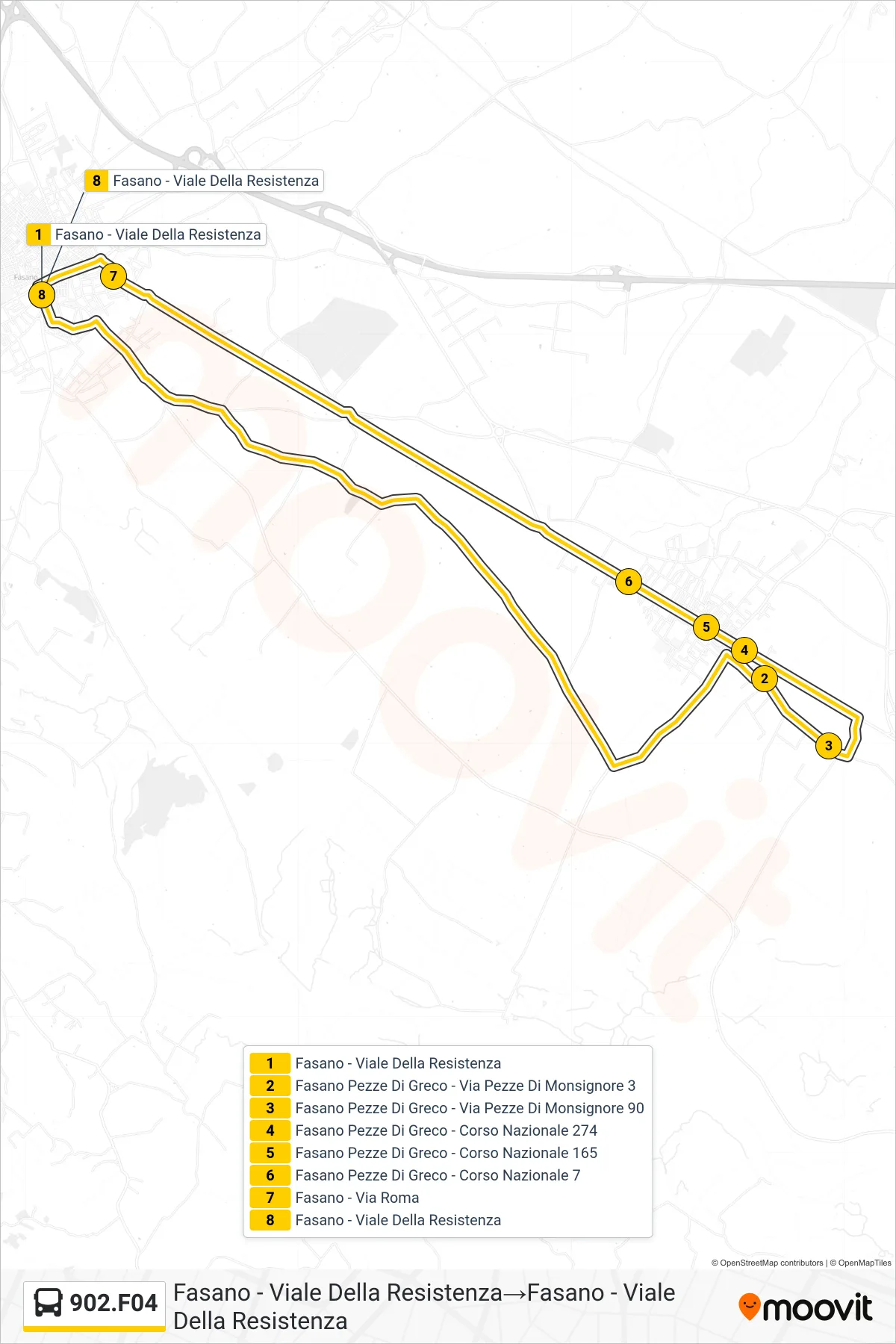 Linea 902.F04 tram (Fasano - Viale Della Resistenza→Fasano - Viale Della Resistenza) - Percorsi e fermate sulla mappa