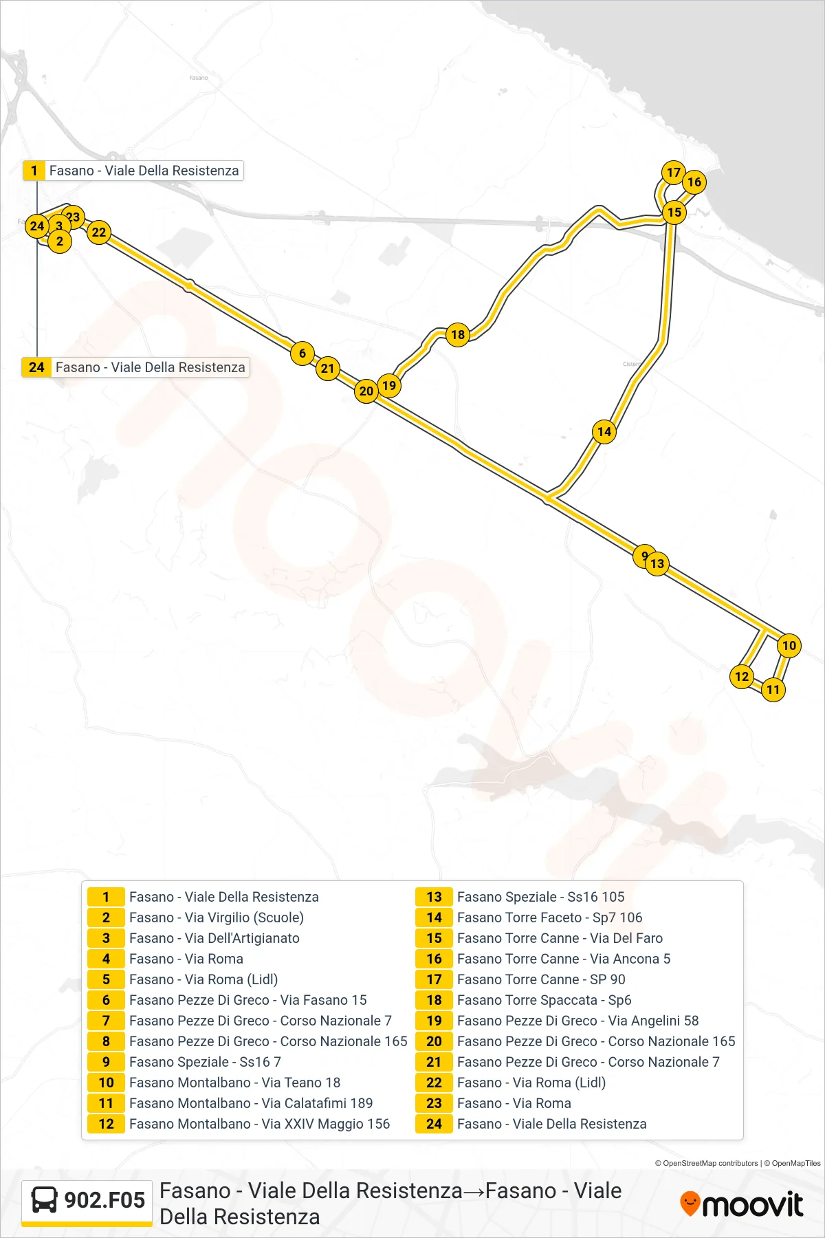 Linea 902.F05  tram (Fasano - Viale Della Resistenza‎→Fasano - Viale Della Resistenza) - Percorsi e fermate sulla mappa