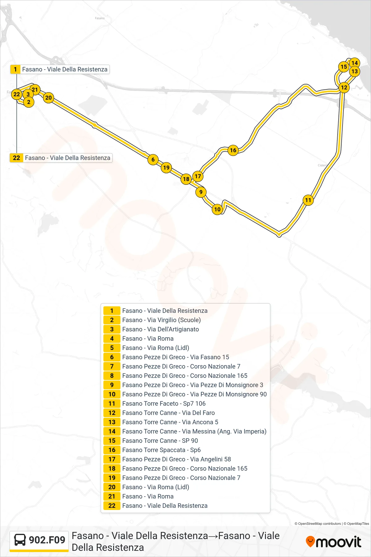 Linea 902.F09 tram (Fasano - Viale Della Resistenza→Fasano - Viale Della Resistenza) - Percorsi e fermate sulla mappa