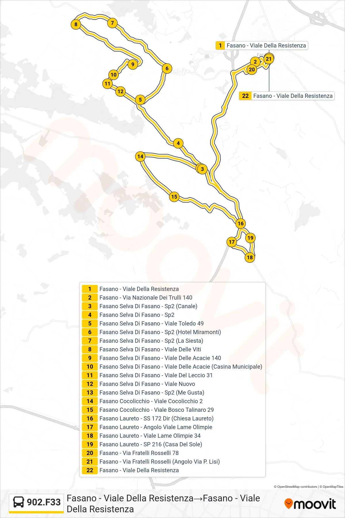 Linea 902.F33  tram (Fasano - Viale Della Resistenza‎→Fasano - Viale Della Resistenza) - Percorsi e fermate sulla mappa