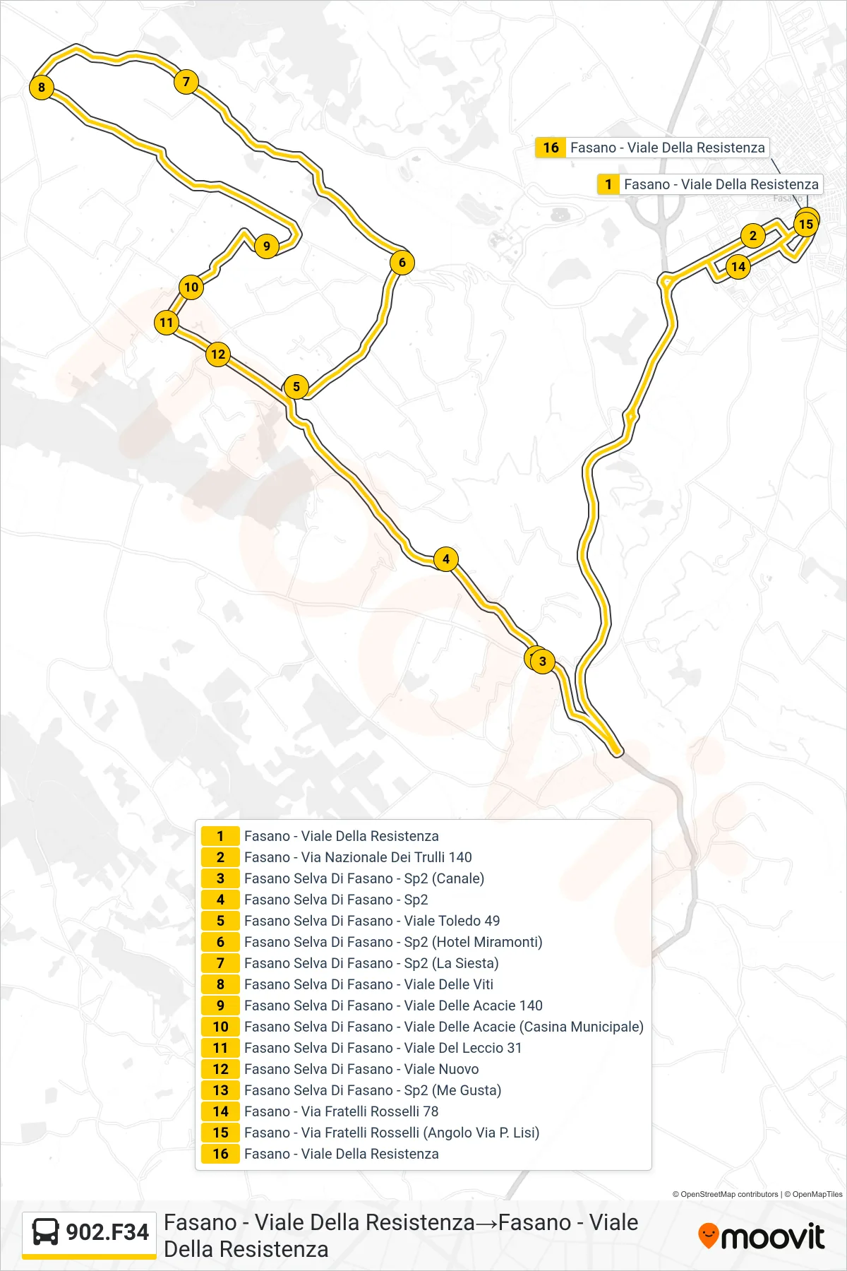 Linea 902.F34  tram (Fasano - Viale Della Resistenza‎→Fasano - Viale Della Resistenza) - Percorsi e fermate sulla mappa