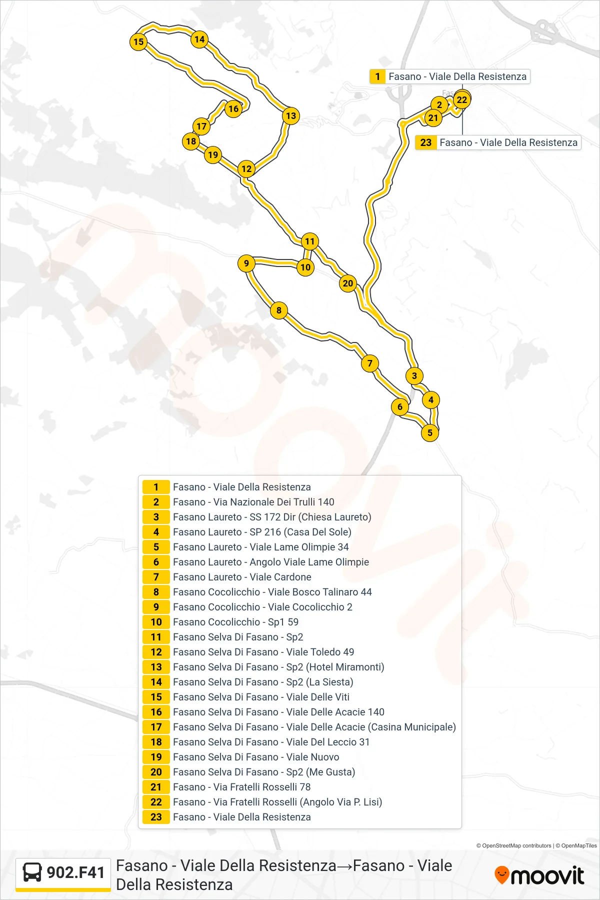 Linea 902.F41 tram (Fasano - Viale Della Resistenza→Fasano - Viale Della Resistenza) - Percorsi e fermate sulla mappa